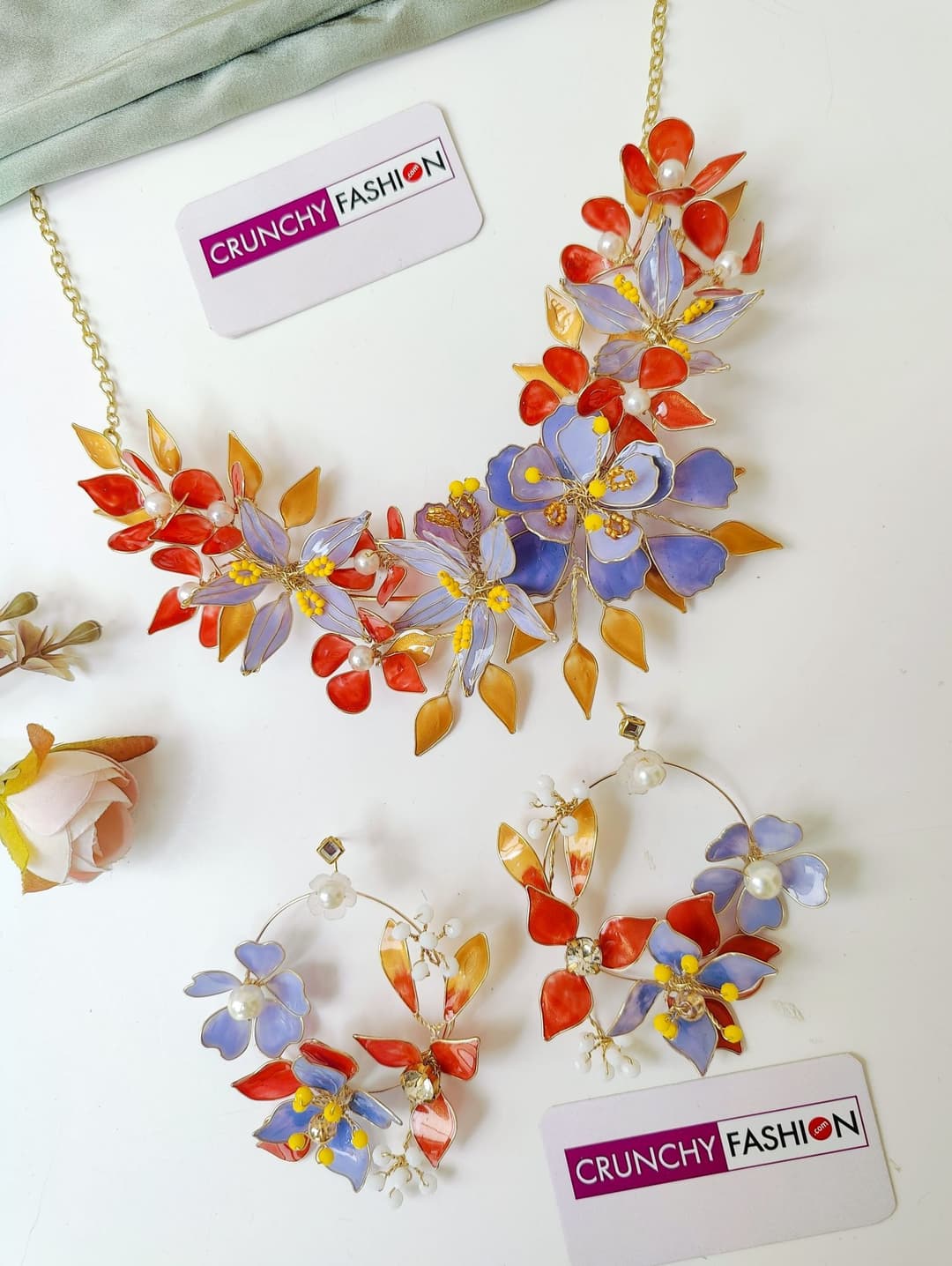 Orange-Lavender Floral Necklace Earrings Set for Haldi Brides