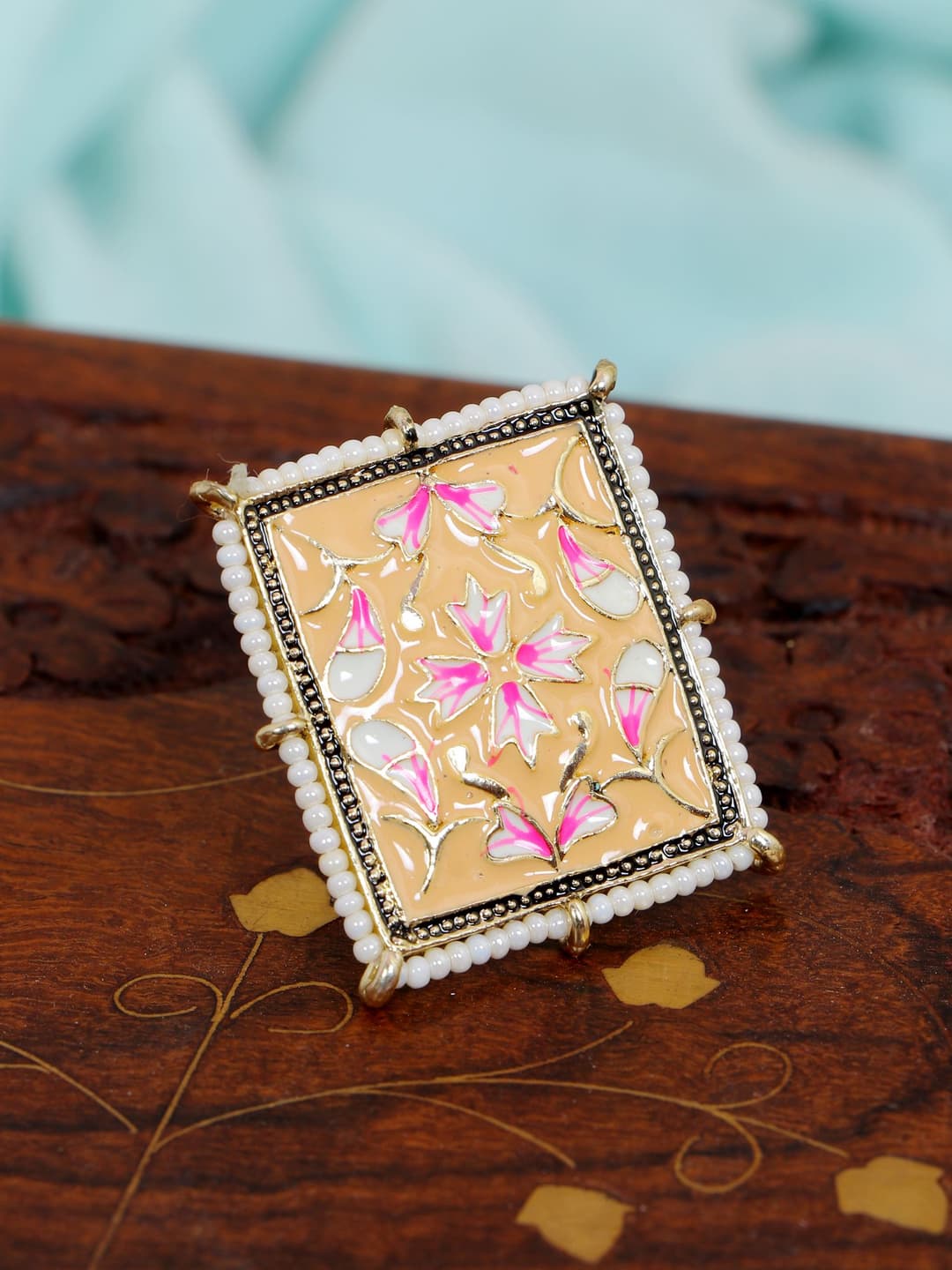 Crunchy Fashion Glamorous Square Shape Bollywood Style Gold-Plated Multicolor Meenakari Work Finger Ring CFR0498