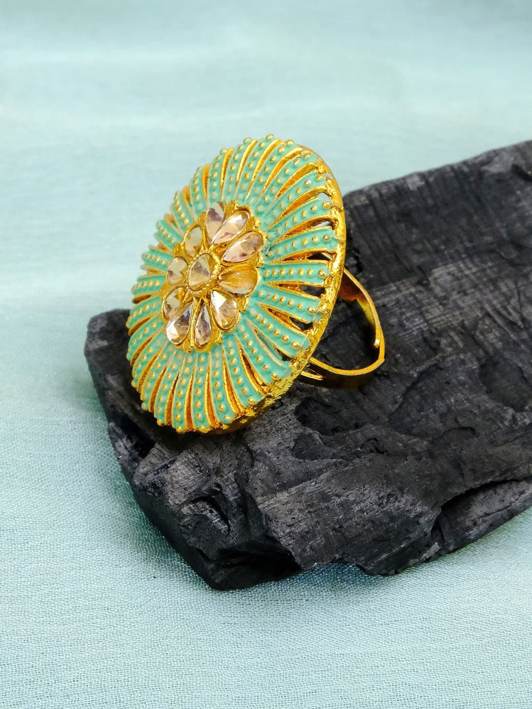 Ethnic Gold-Plated Floral Green Round shape Ring CFR0507