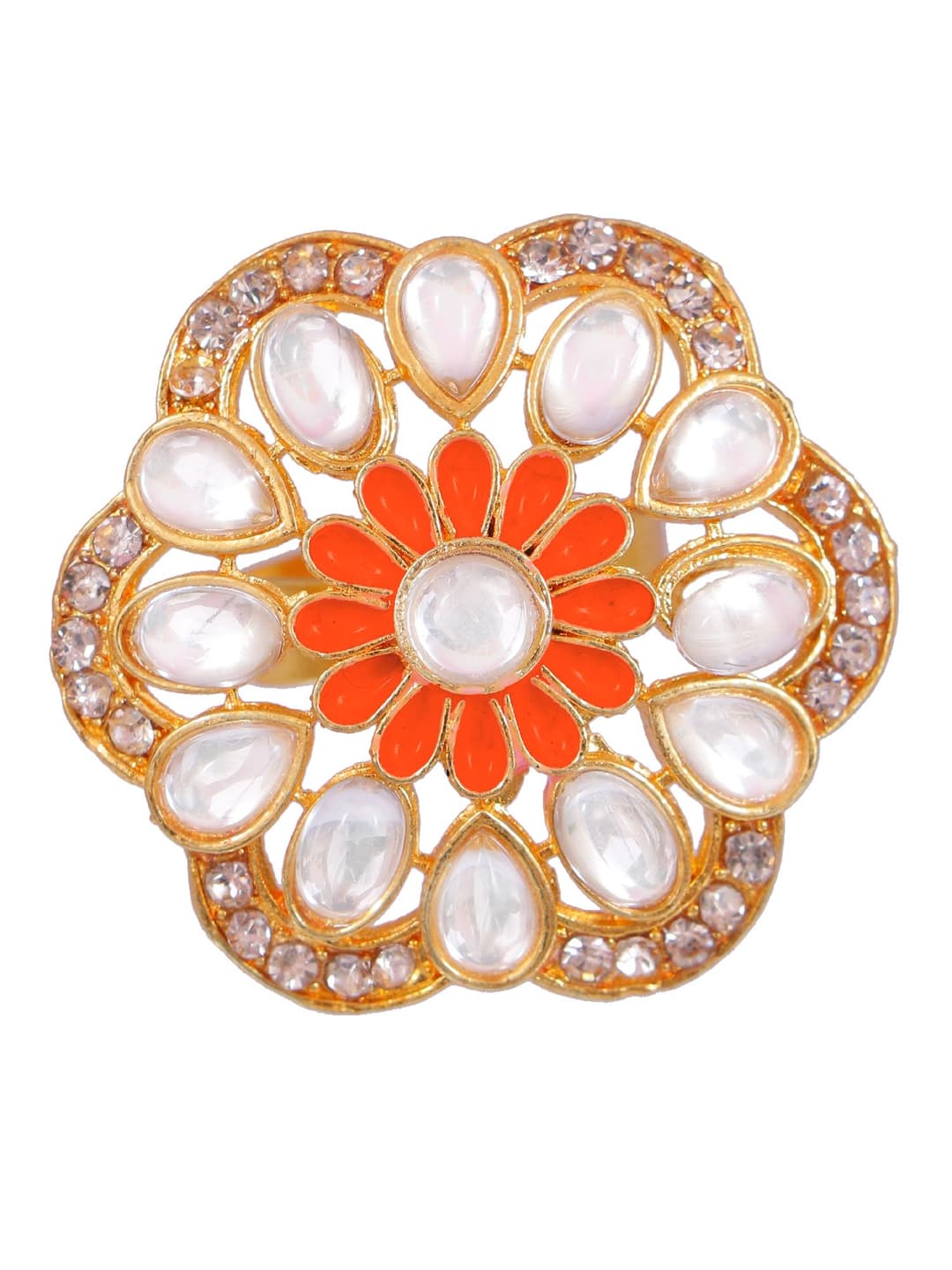 Traditional Gold-Plated Kundan Orange Studded Cocktail Rings CFR0527