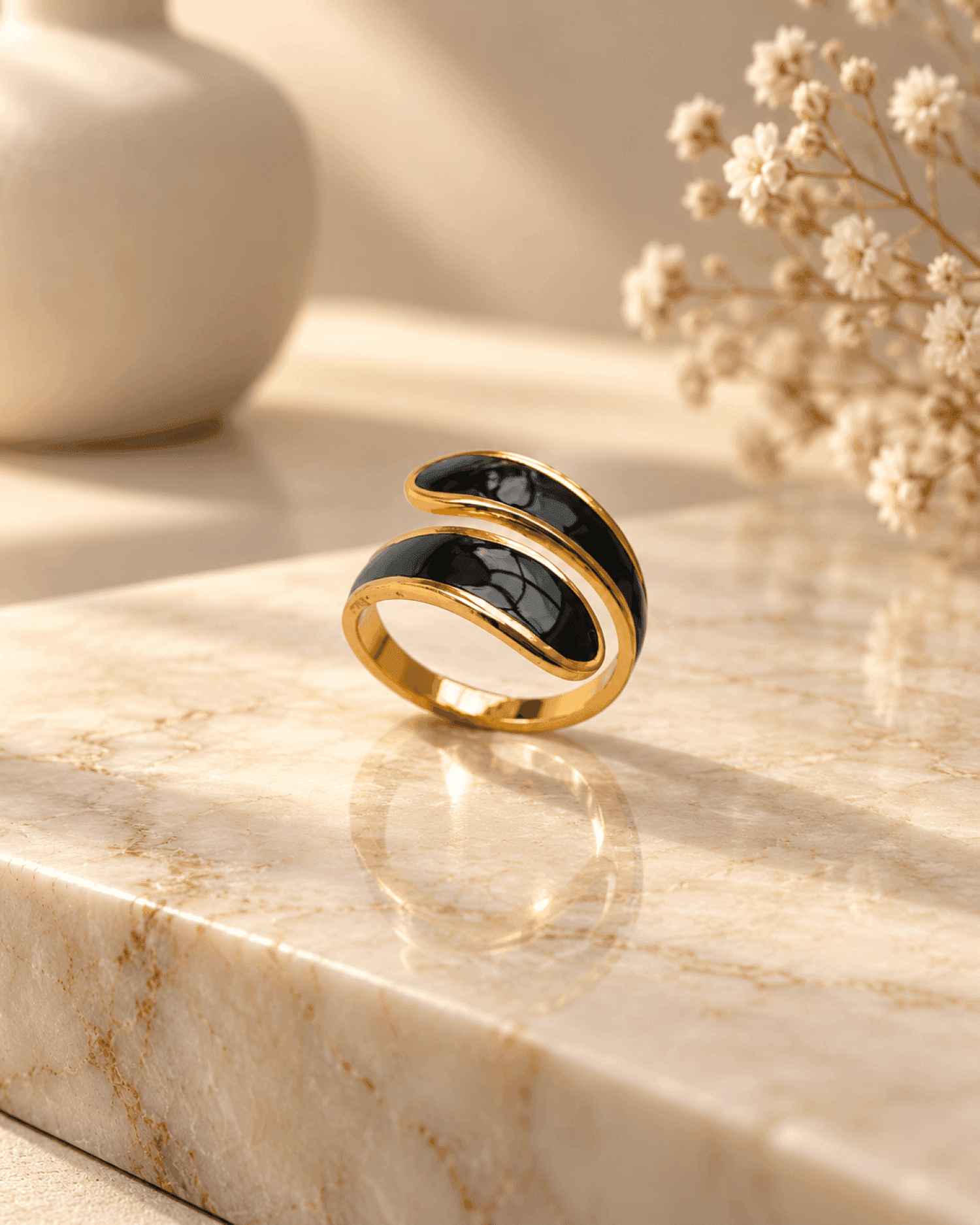 Black Minimalist Wave Ring for Women & Girls, Anti Tarnish