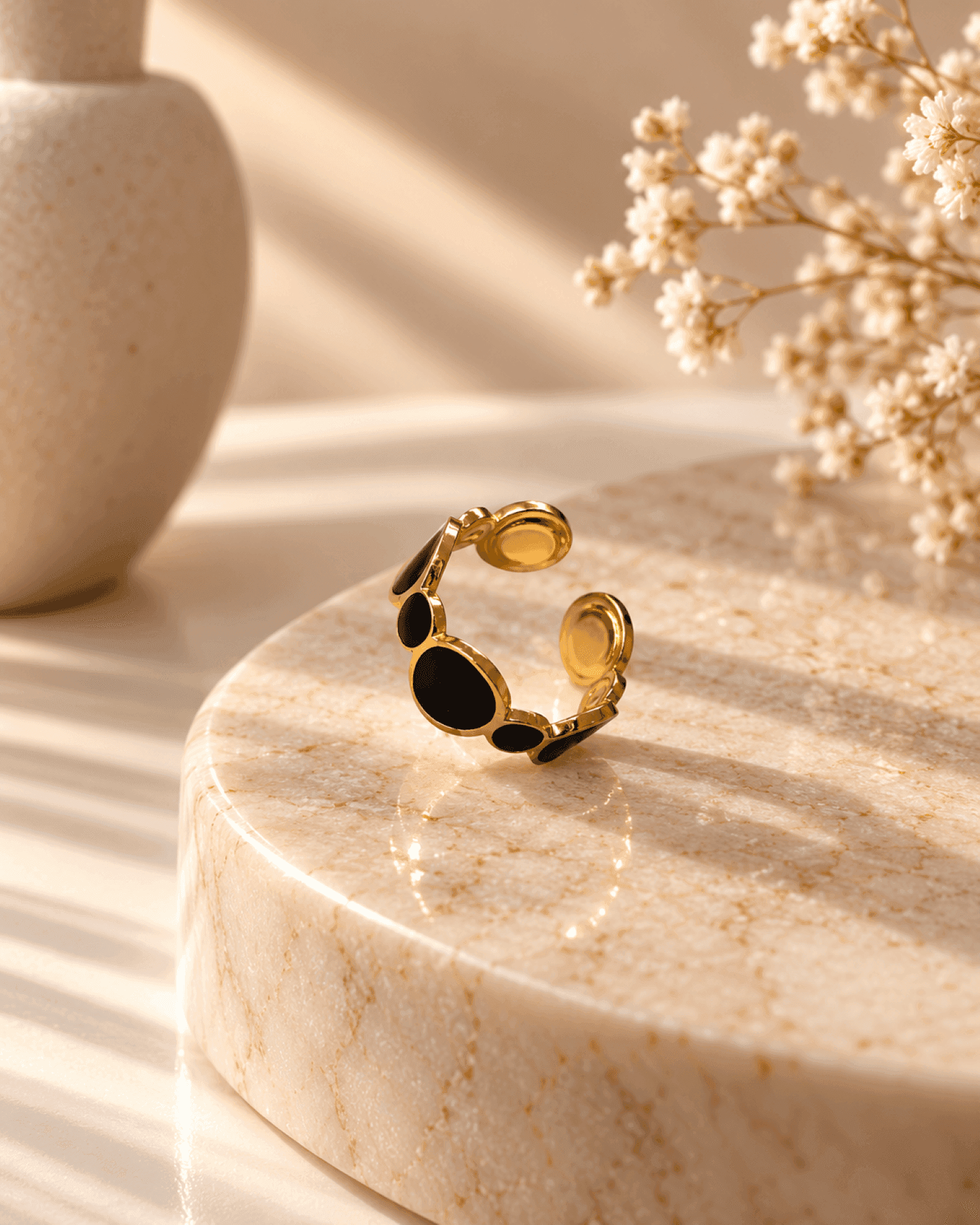 Gold & Black Enamel Anti Tarnish Adjustable Minimalist Ring
