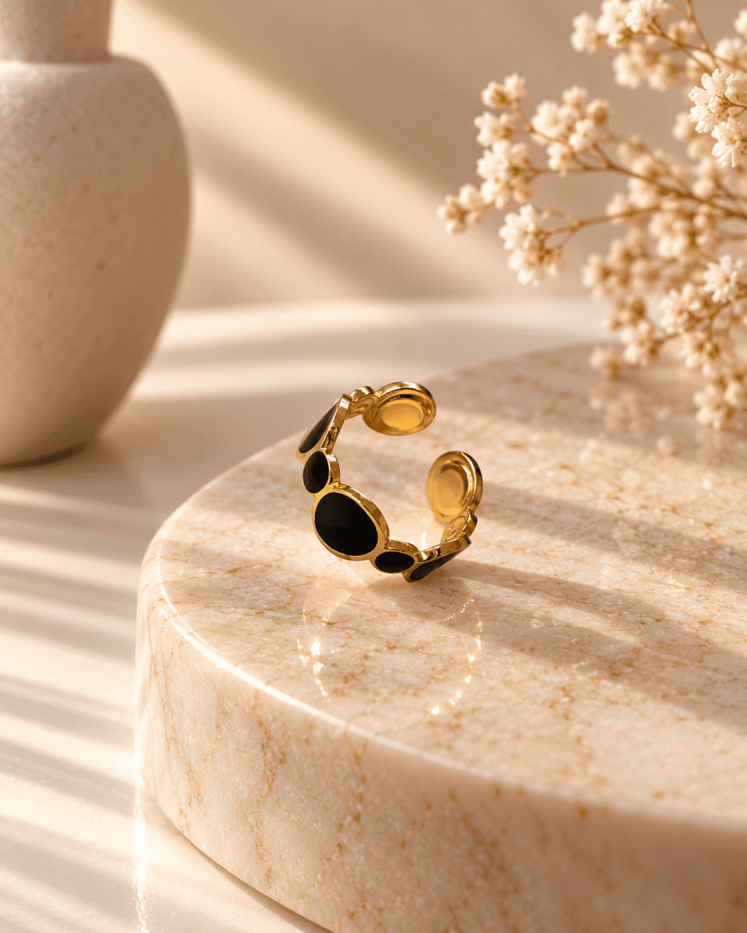 Gold & Black Enamel Anti Tarnish Adjustable Minimalist Ring