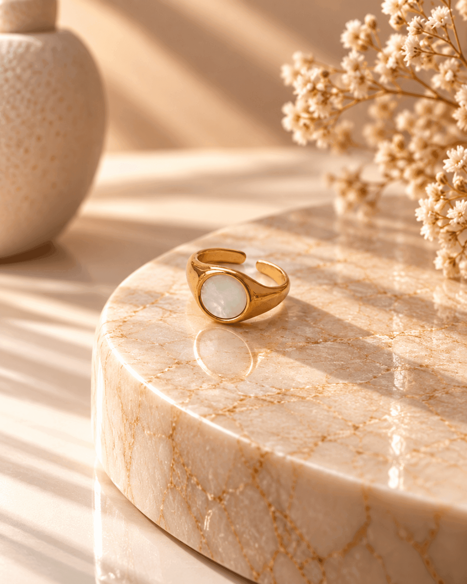 White Stone Gold Adjustable Ring for Women, Anti Tarnish