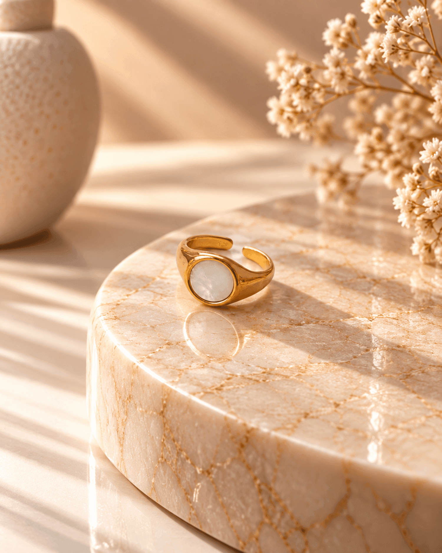 White Stone Gold Adjustable Ring for Women, Anti Tarnish