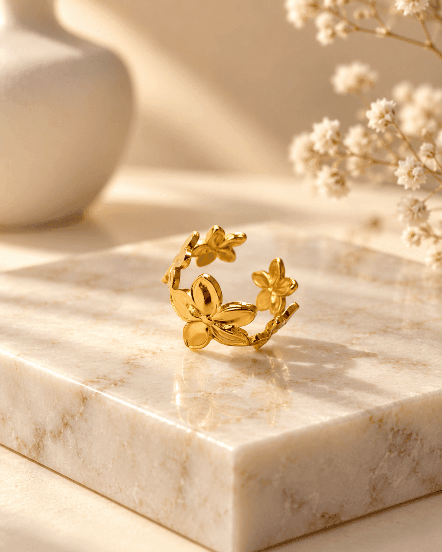 Gold Floral Stainless Steel Anti Tarnish Adjustable Ring