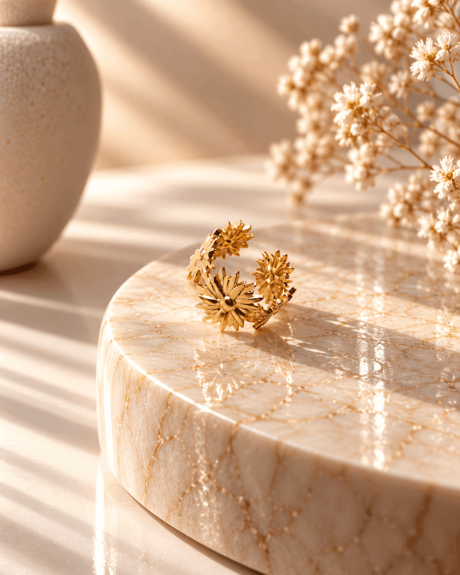 Gold Daisy Floral Anti Tarnish Adjustable Ring for Women