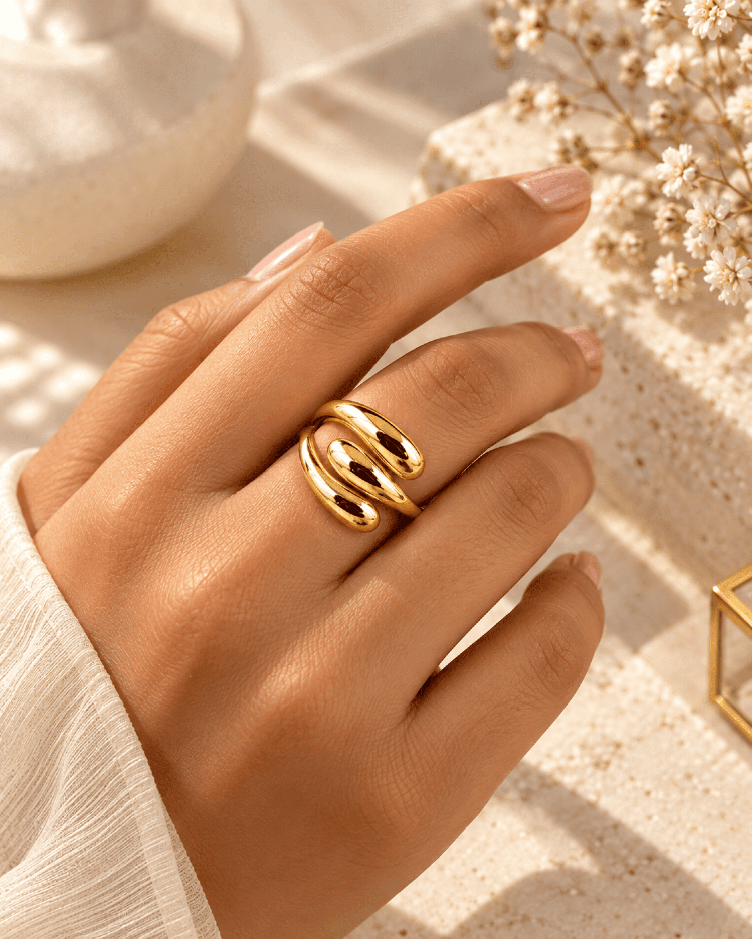 Gold Spiral Wave Stainless Steel Adjustable Minimalist Ring
