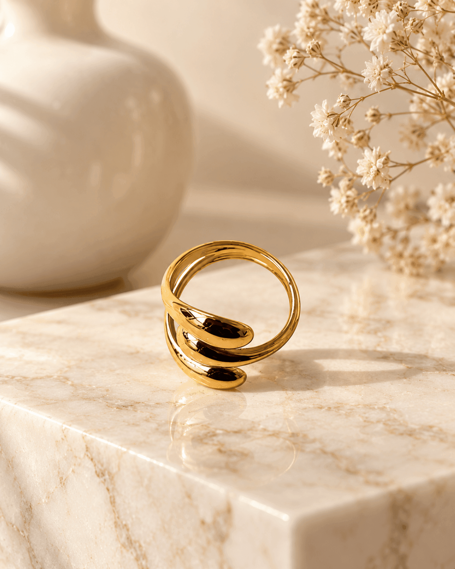 Gold Spiral Wave Stainless Steel Adjustable Minimalist Ring