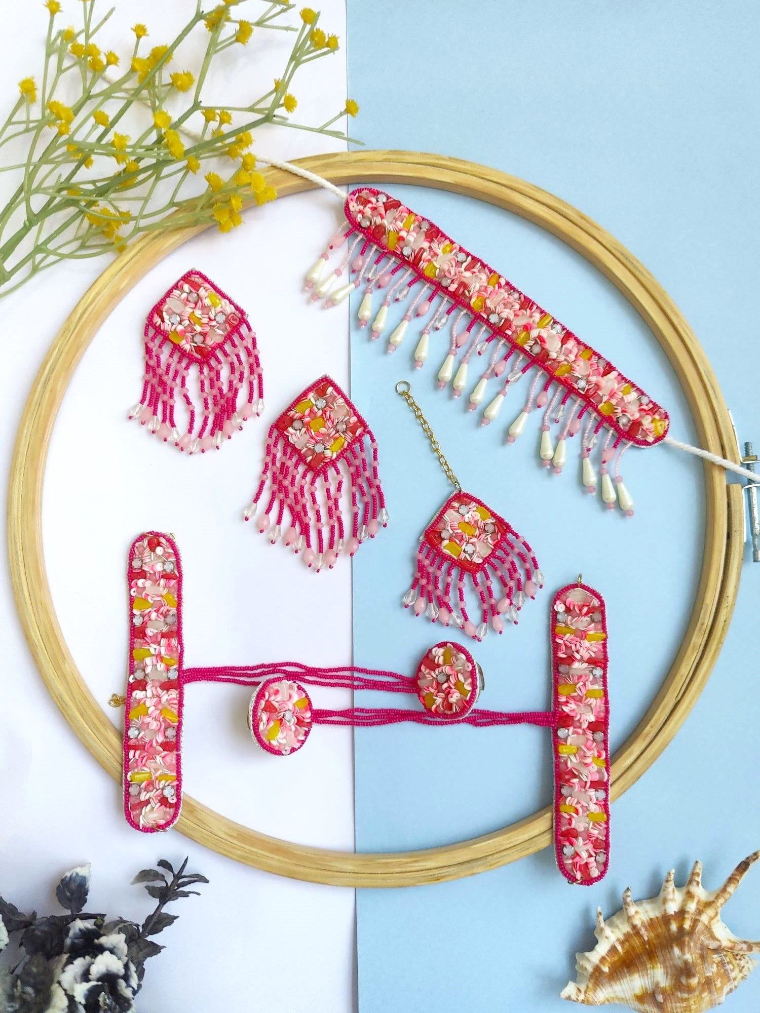Pink Floral Haldi Jewellery Sets-Stylish Handmade Jewelry Set for Women
