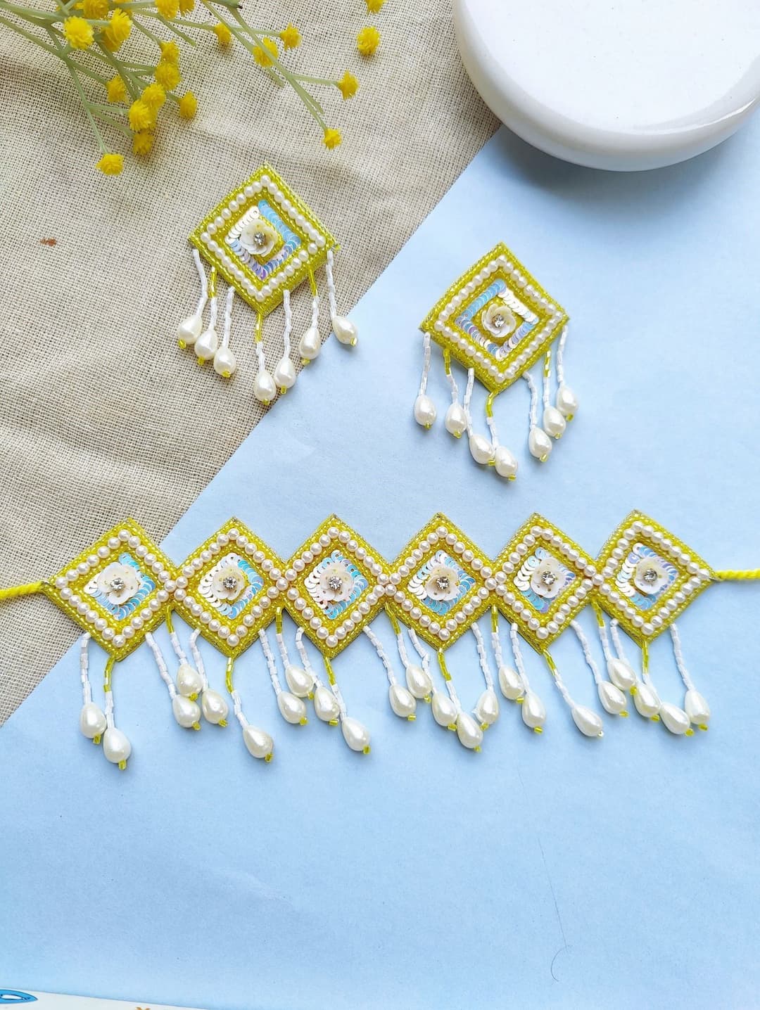 Handmade Yellow Beaded Pearl Choker Set: Haldi Mehndi Festival Jewelry for Women