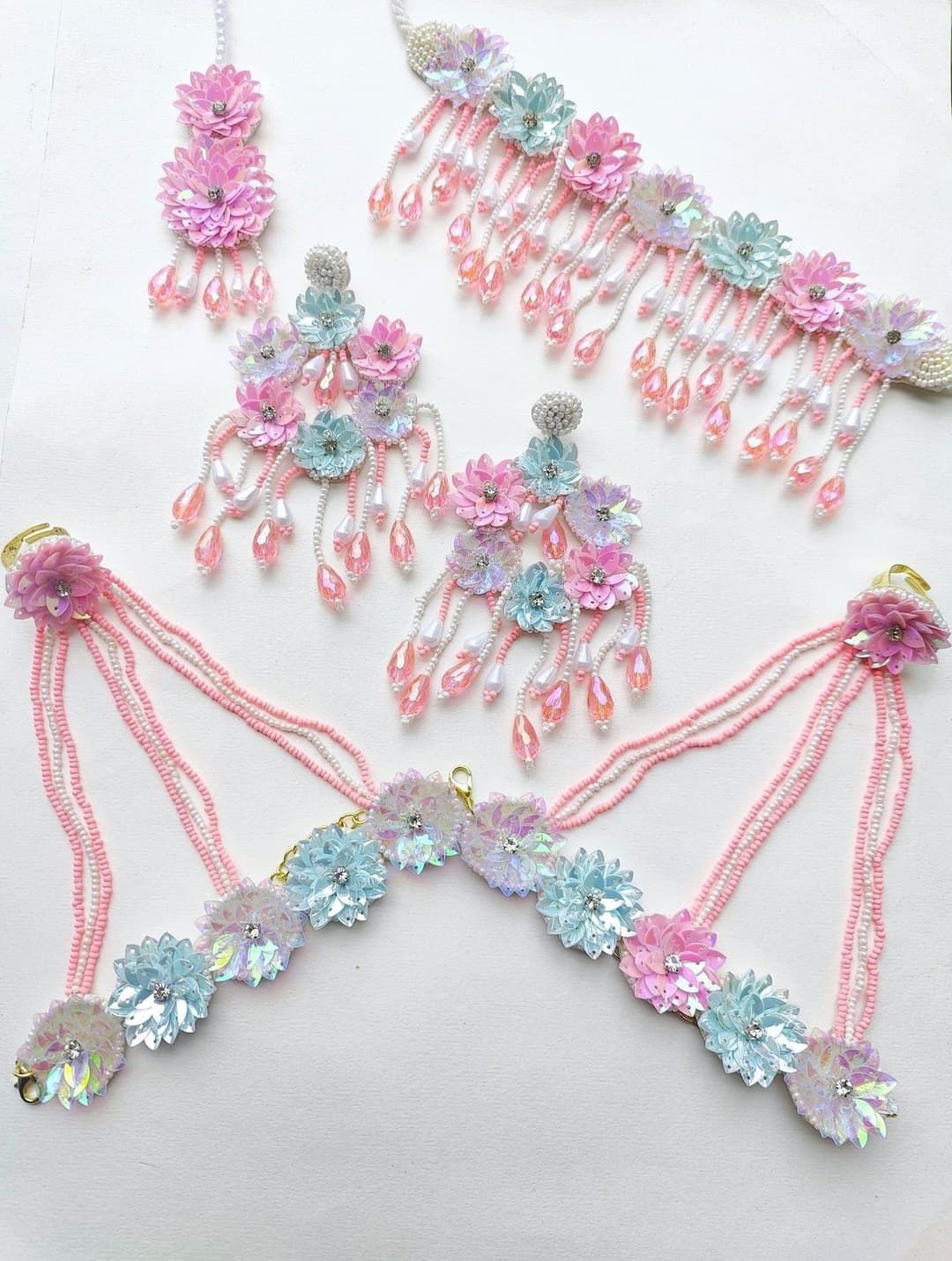 Pastel Pink-Mint Green Handmade Beaded Haldi-Mehndi Jewellery Set