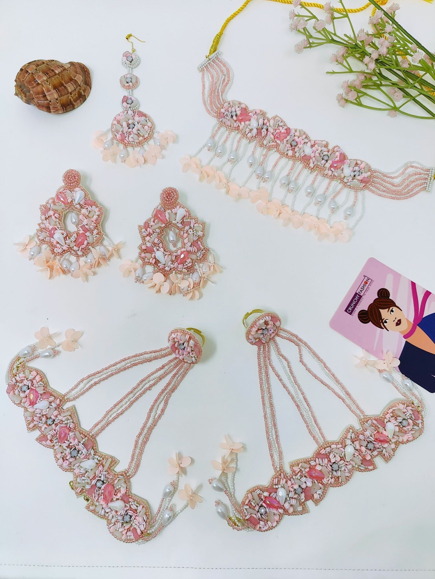 Blossom Aura Peach-Pink Floral Haldi & Mehndi Pearl Jewelry Ensemble