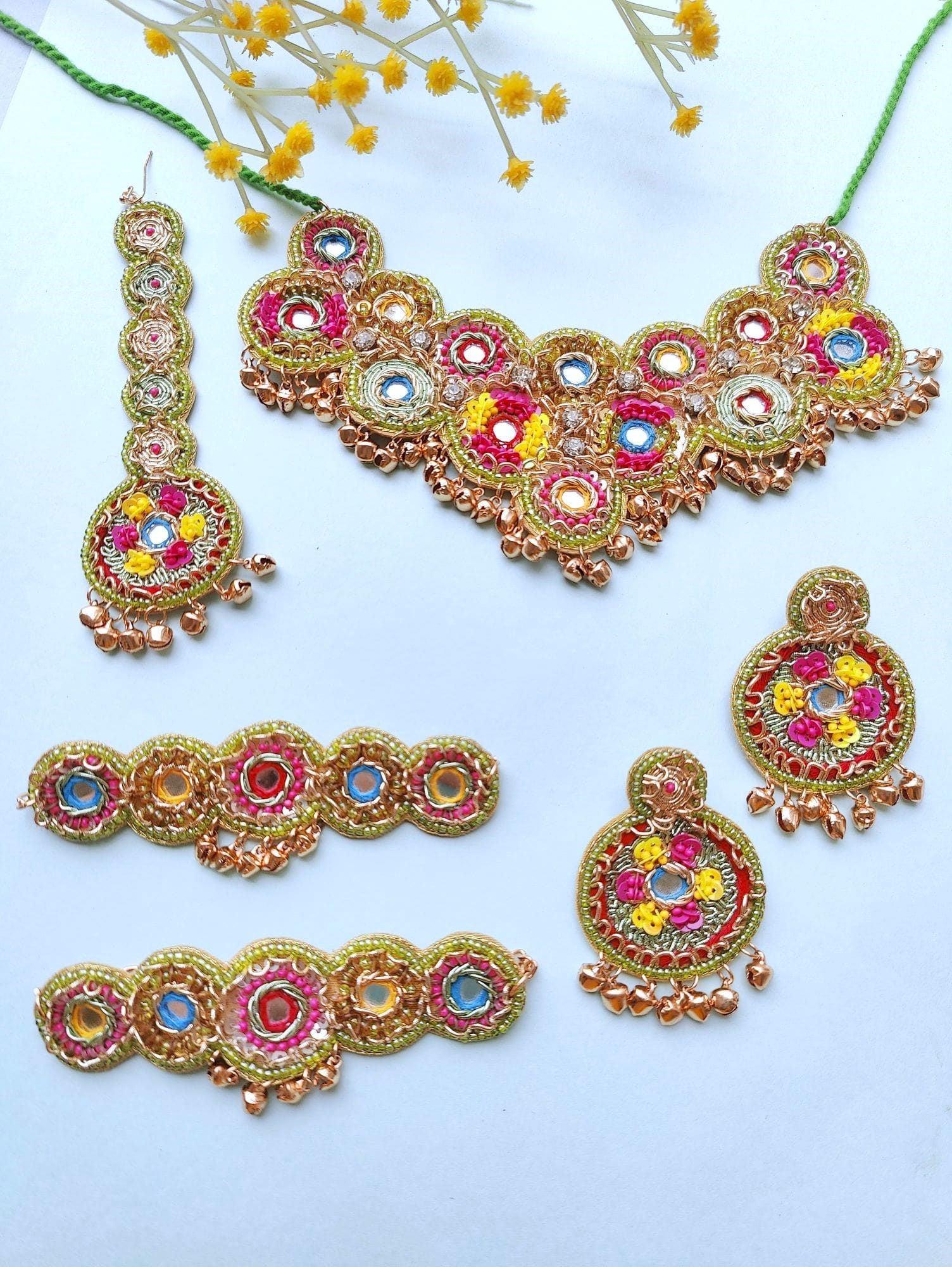 Floral Green-Yellow-PInk Bridal Jewellery Set for Haldi & Mehndi Ceremonies