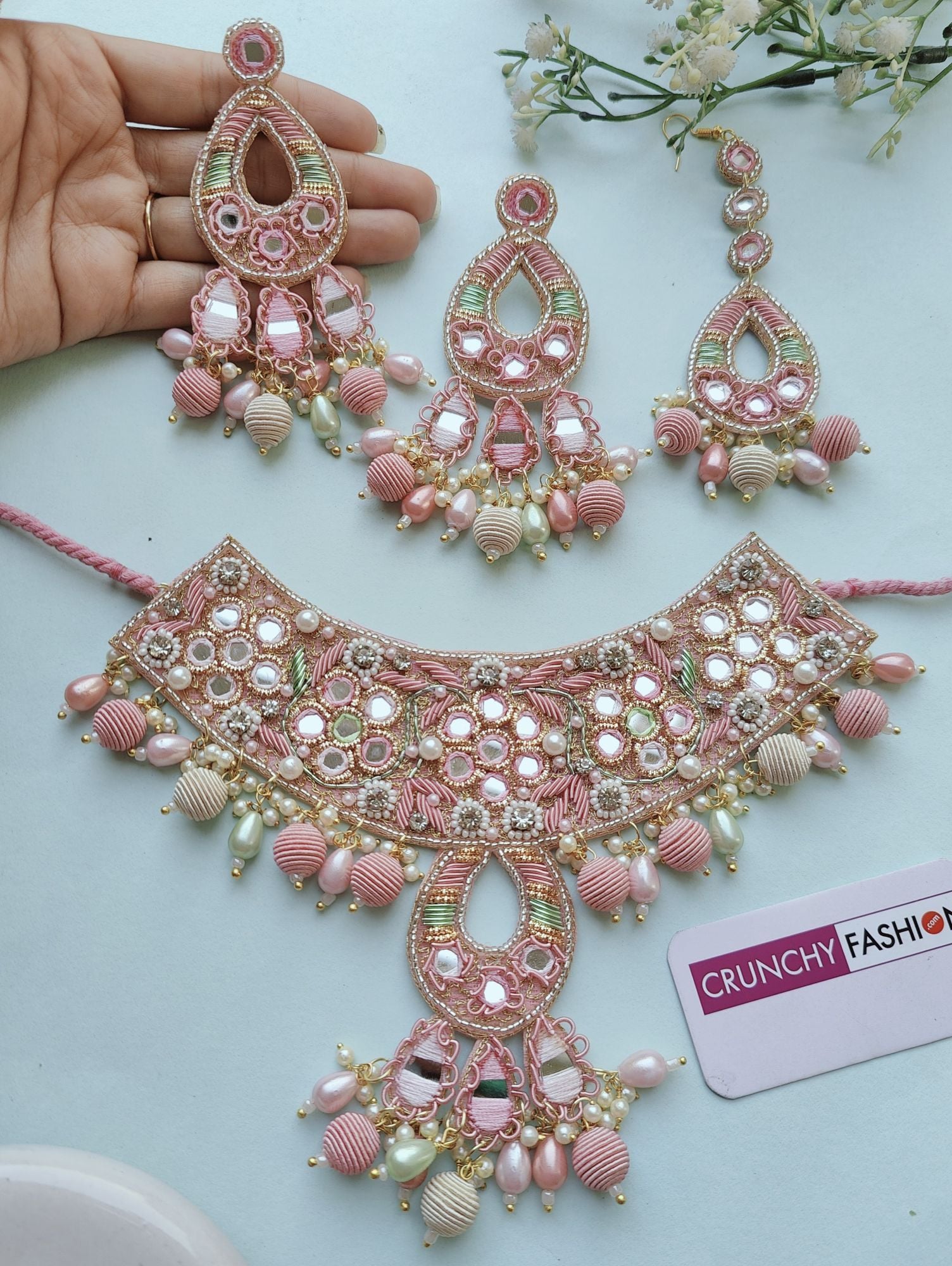 Beaded Pink Floral Handmade Jewellery Set for Haldi Ceremony