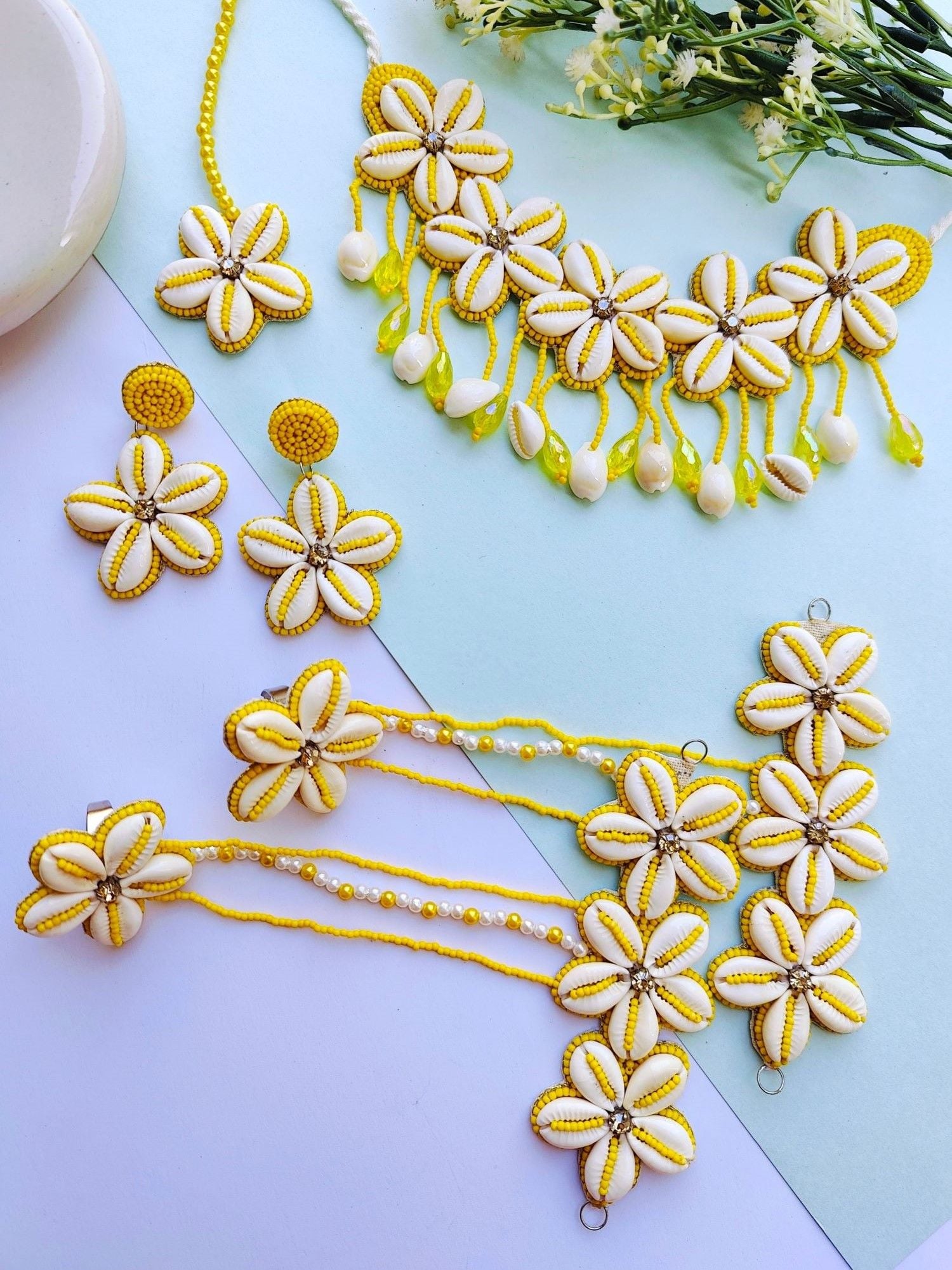 Yellow Beaded Cowrie Haldi Mehndi Jewellery Set for Bride