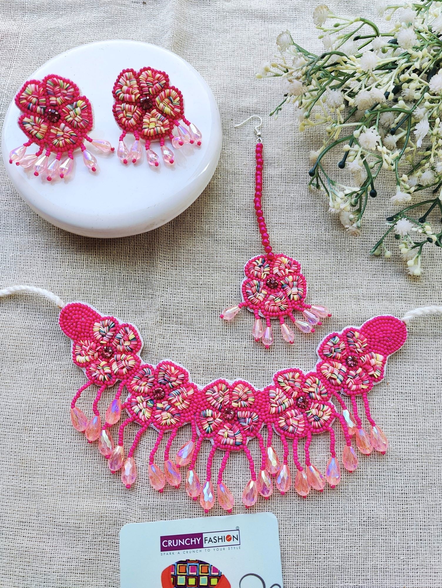Handcrafted Floral Haldi Bridal Jewelry Set with Red and White Pearls