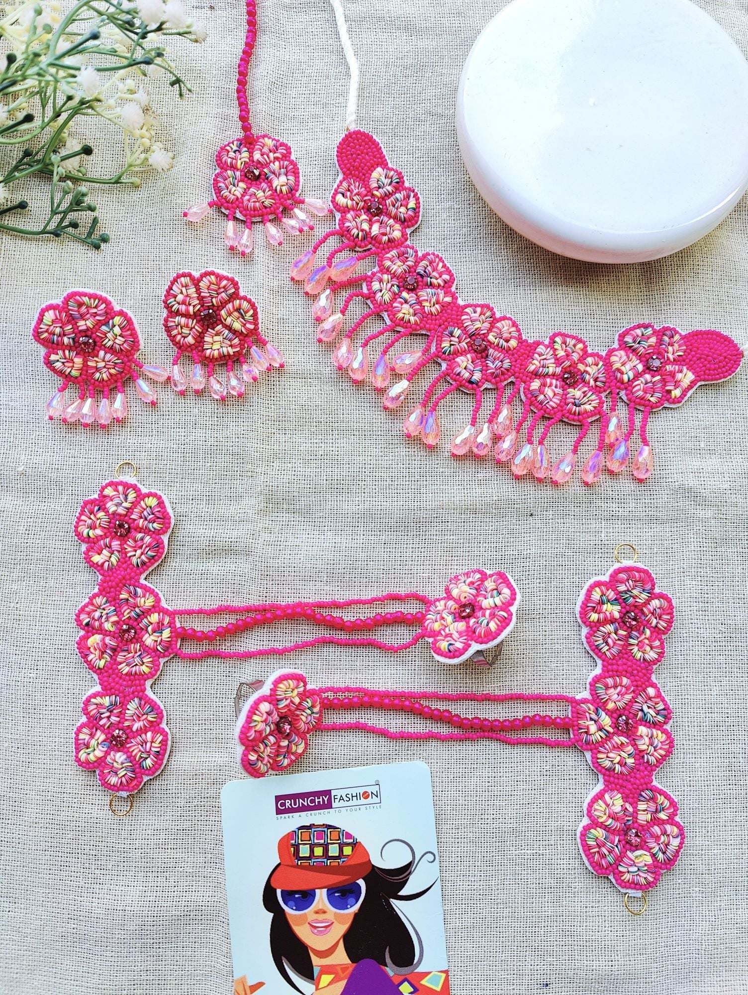 Handcrafted Floral Haldi Bridal Jewelry Set with Red and White Pearls