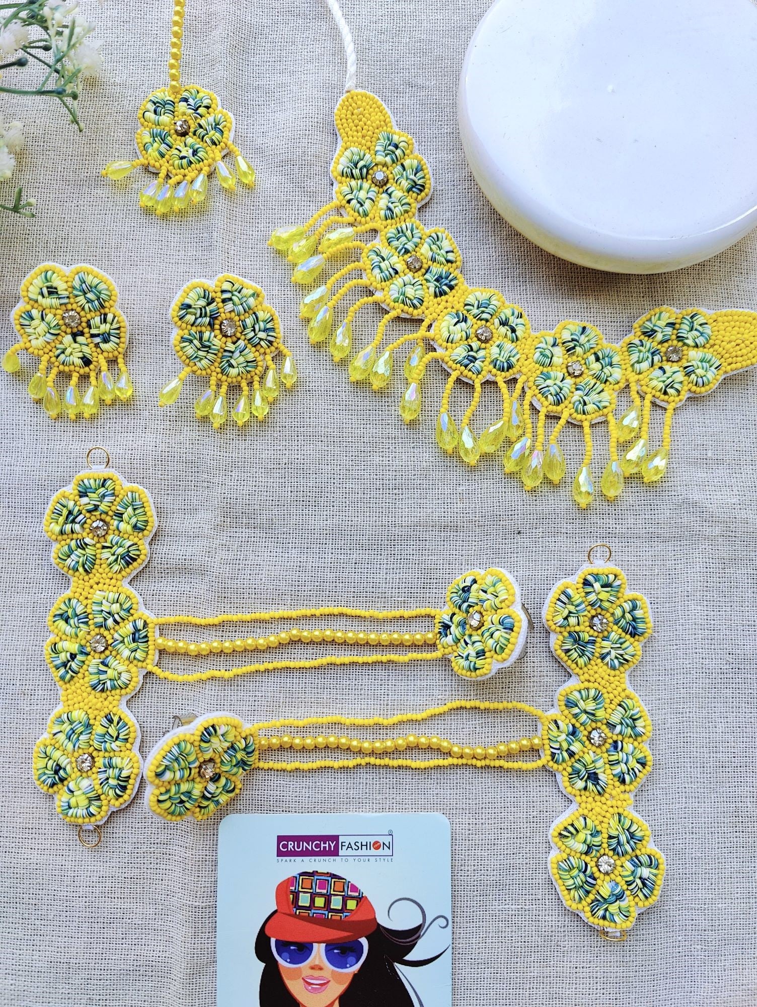 Yellow Floral Kodi Work Jewellery Set For Haldi/Mehndi/Baby Shower