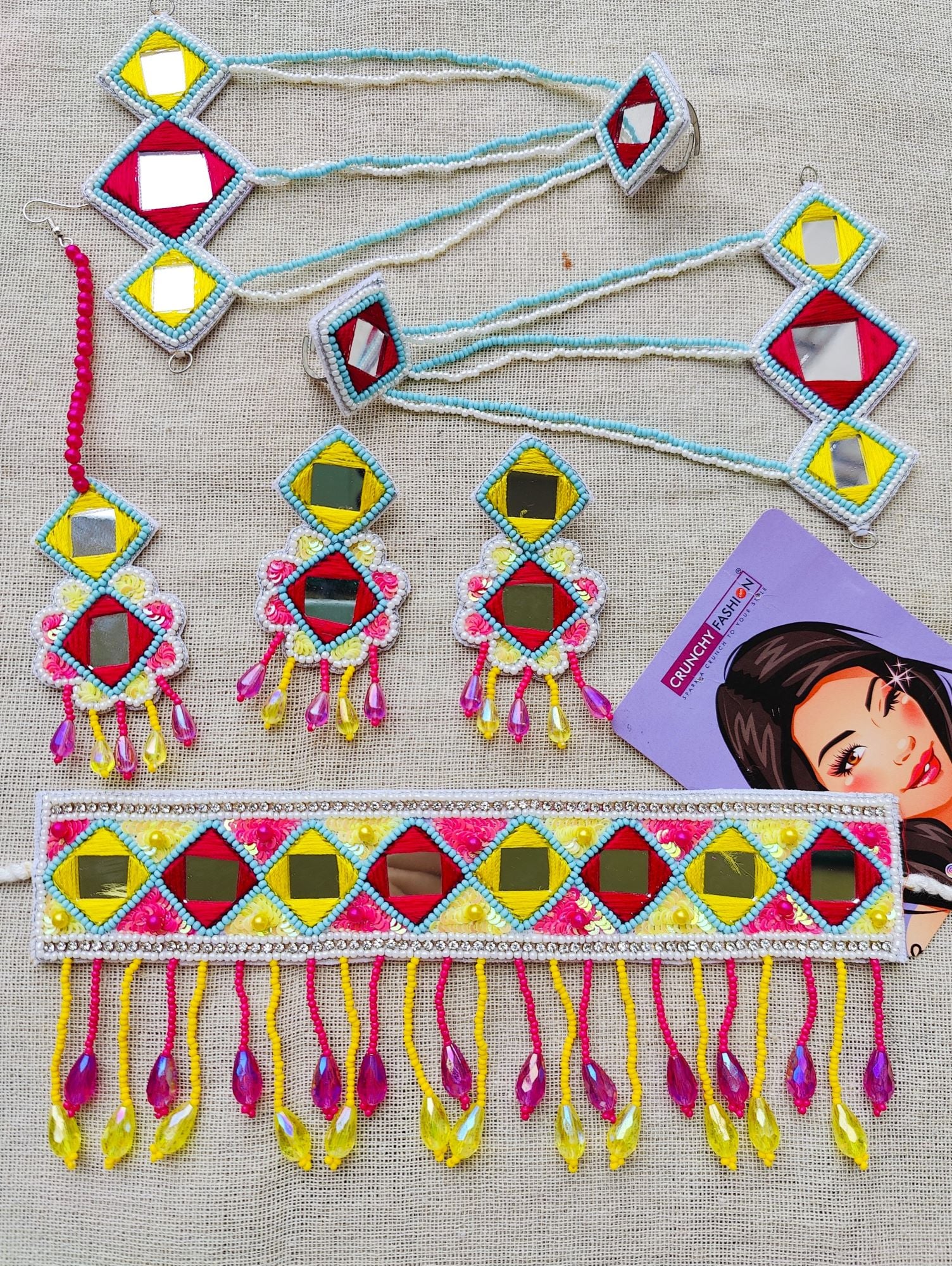 Traditional Multicolored Handmade Mirror-Work Bridal Jewellery Set for Haldi and Mehndi Occasions