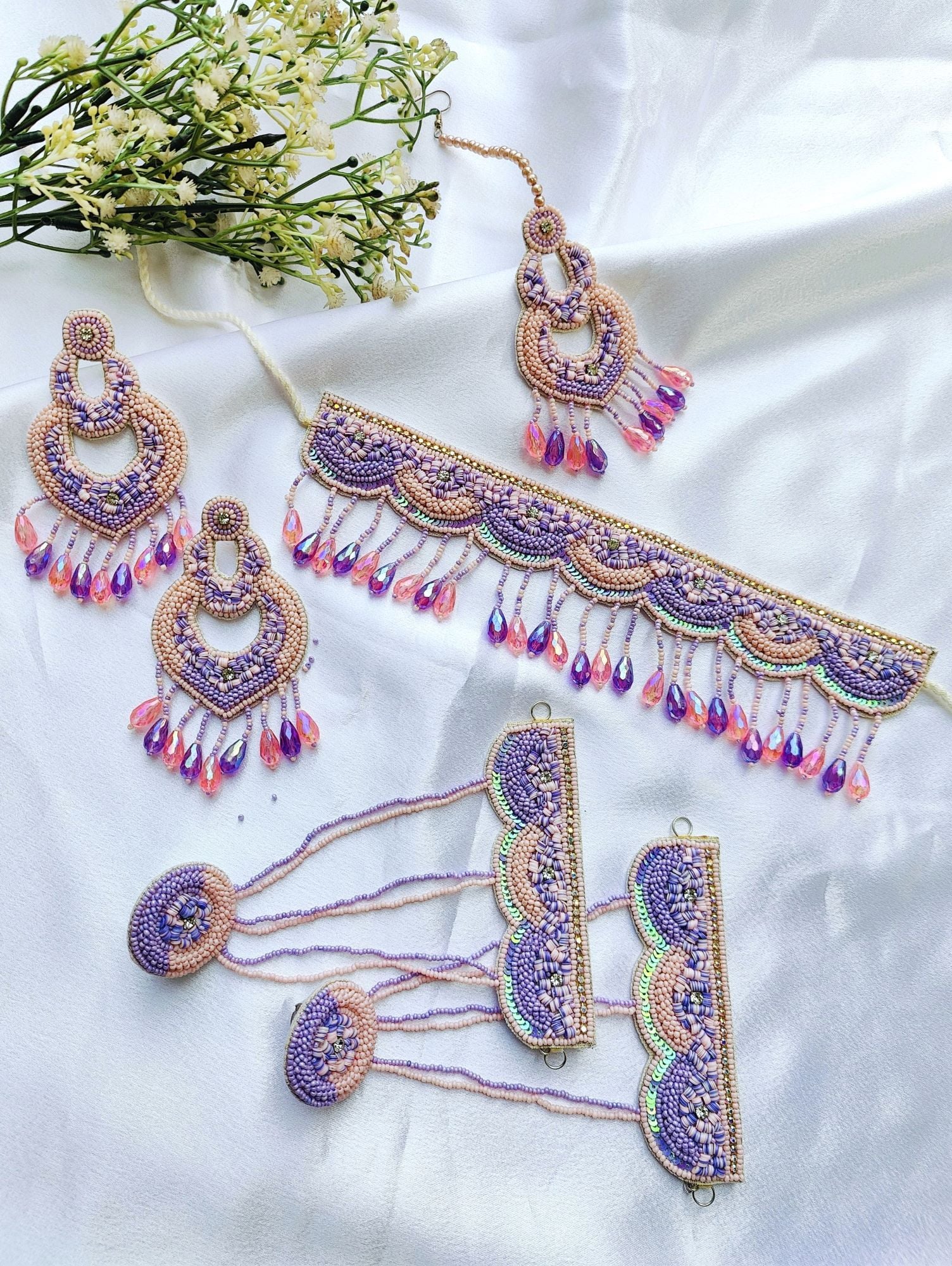 Lavender-Peach Beaded Handmade Floral Jewellery Set for haldi, Mehndi, Carnival