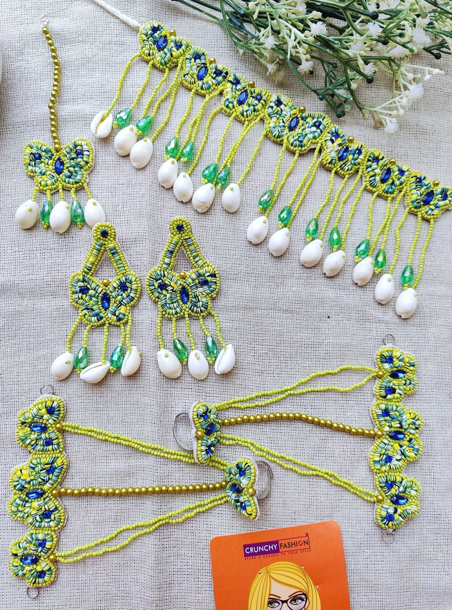 Designer Green Thread Haldi Jewellery Set for Mehndi Ceremony