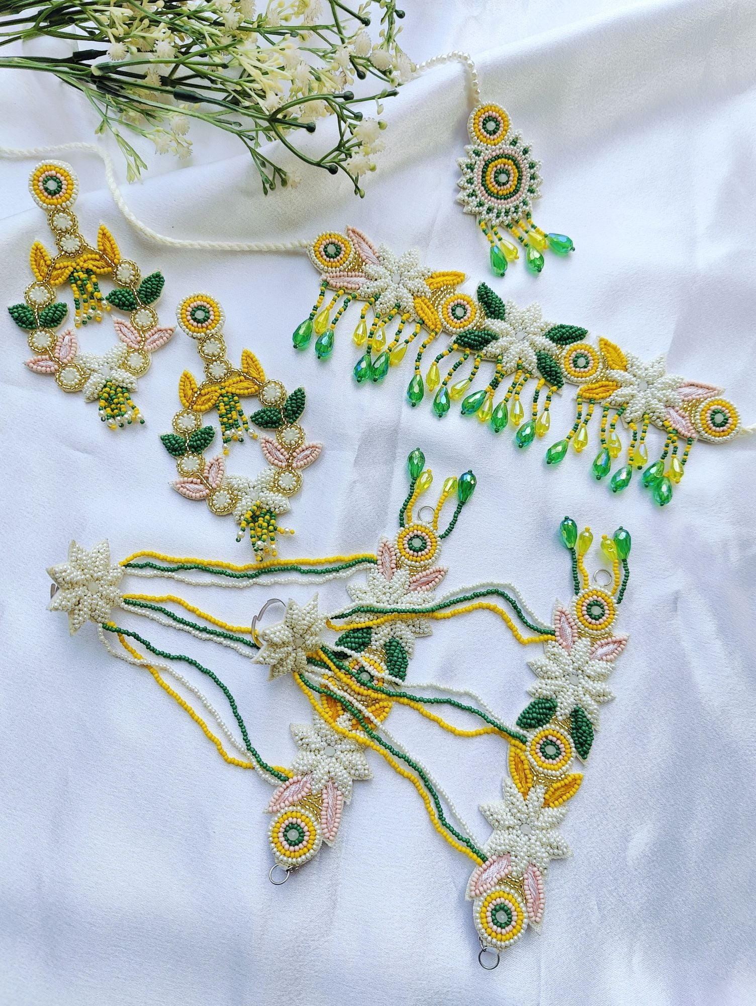 Handmade White Floral Haldi Jewellery Set with Green Crystal Drops