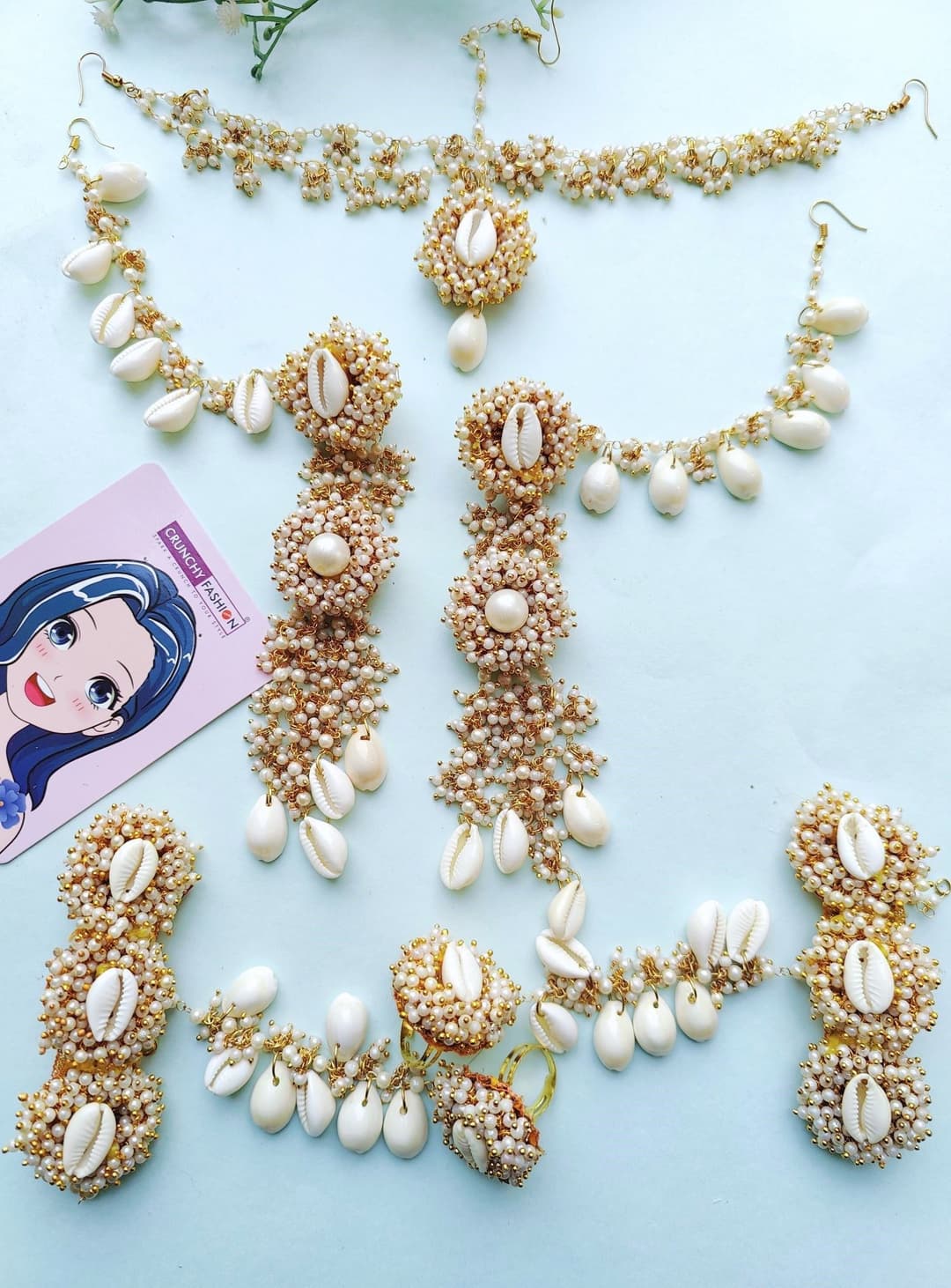 Pearl & Cowrie Shell Floral Haldi-Mehndi Jewelry Set for Timeless Occasions