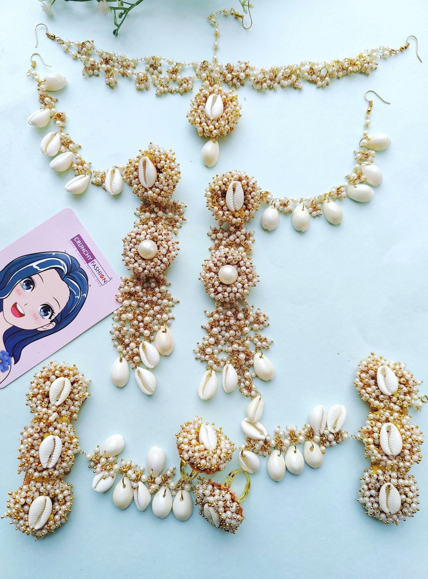Pearl & Cowrie Shell Floral Haldi-Mehndi Jewelry Set for Timeless Occasions