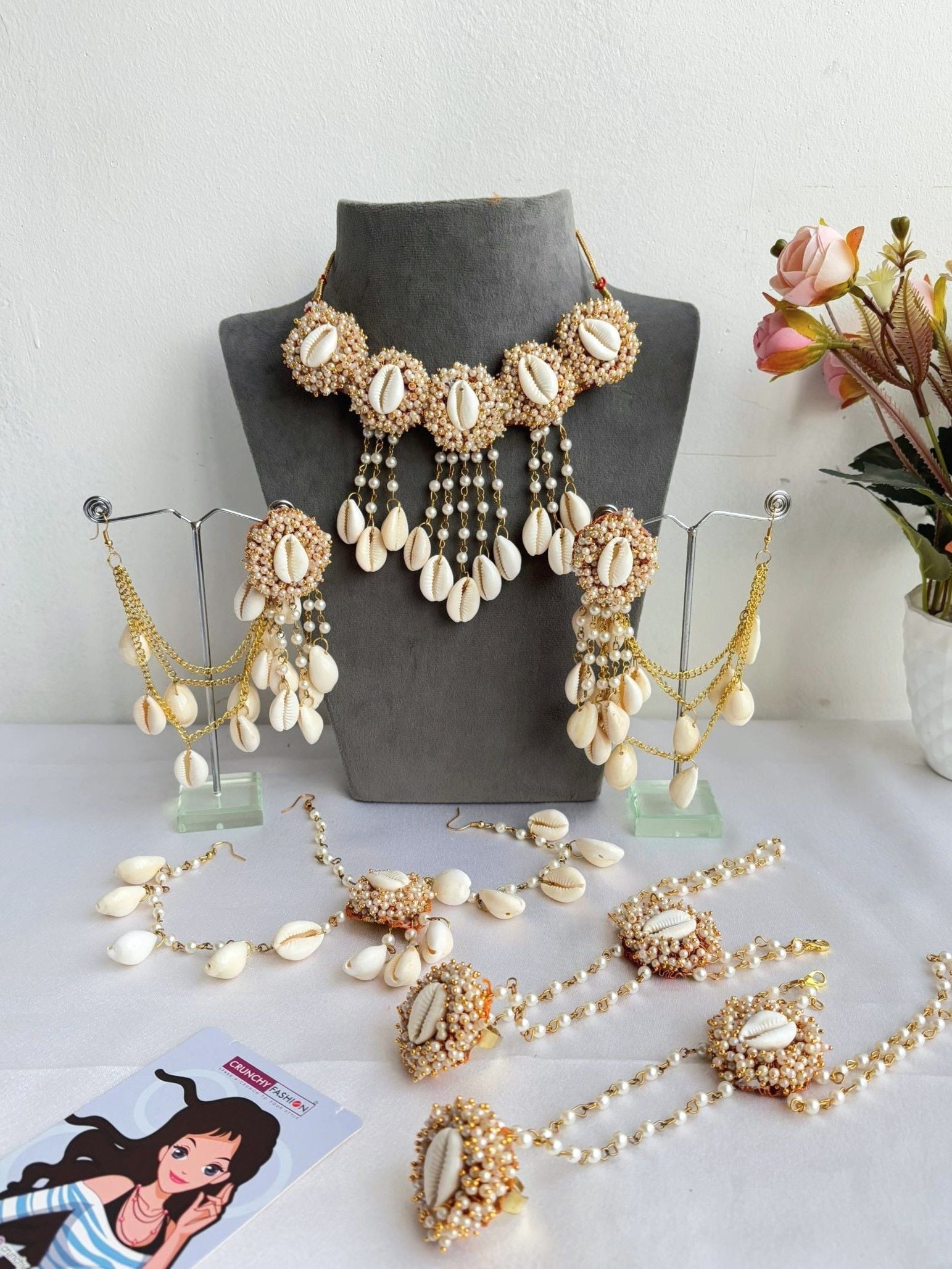 Pearl & Cowrie Shell Handmade Heer Haldi-Mehndi Set for Seniors & Girls