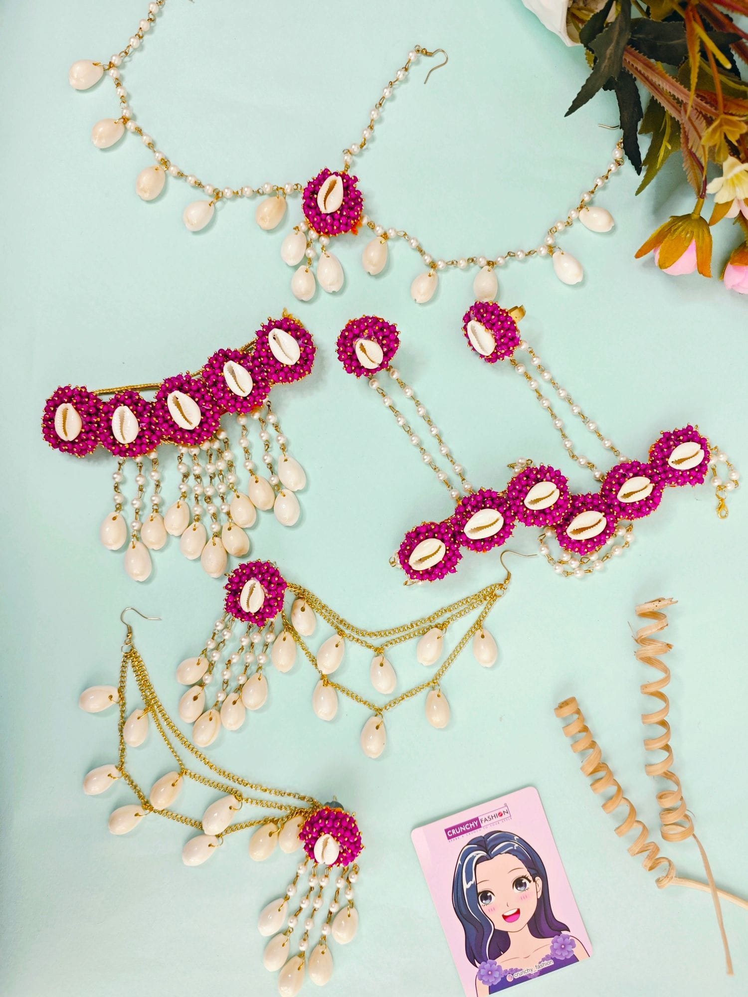 Heer's Pink Pearl Cowrie Shell Haldi-Mehndi Jewelry for Fashionistas