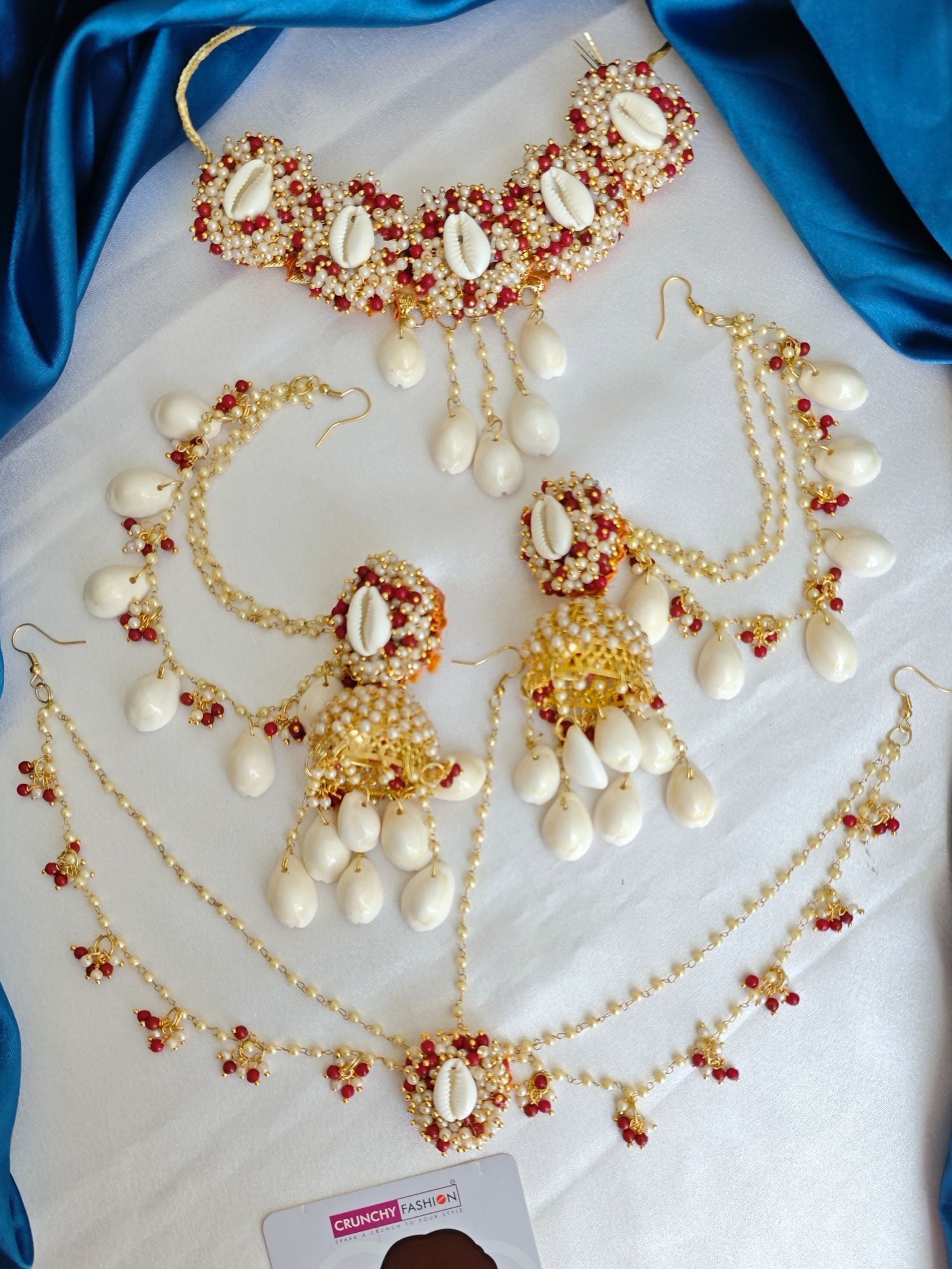 Sea Whispers: Red-White Pearl & Shell Jewellery Set for Haldi-Mehndi