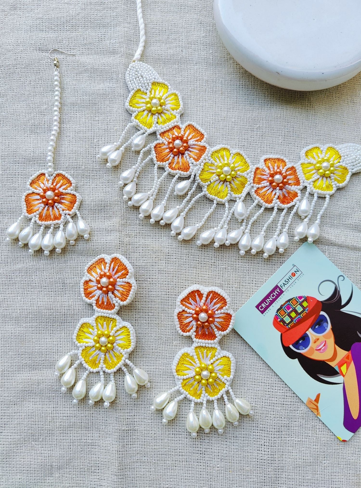 Blossom 2.0: Orange-Yellow Floral Haldi Mehndi Jewellery Set for Brides,Baby Shower