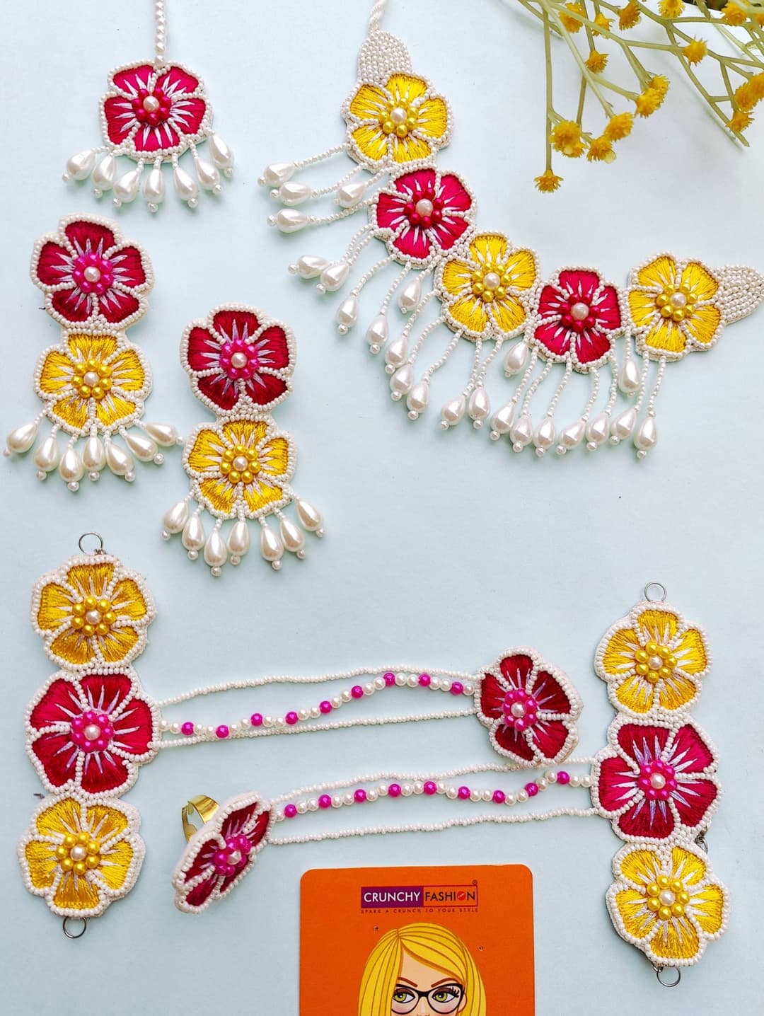 Sylvan Elegance - Handmade Pink Flower Jewellery Set for Haldi Events