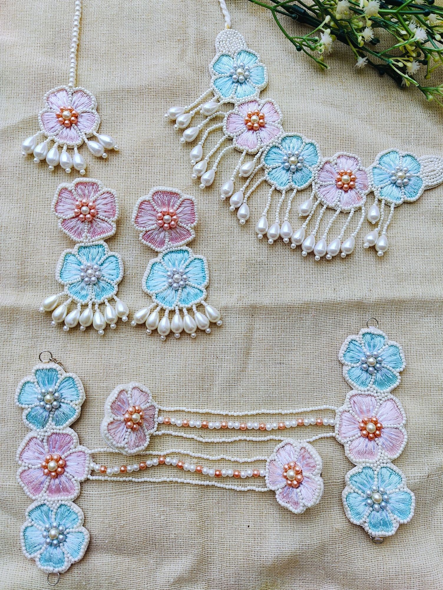 Contemporary Sky-Blue Handmade Floral Base Beads Jewellery Sets - Ideal Haldi Necklace for Women