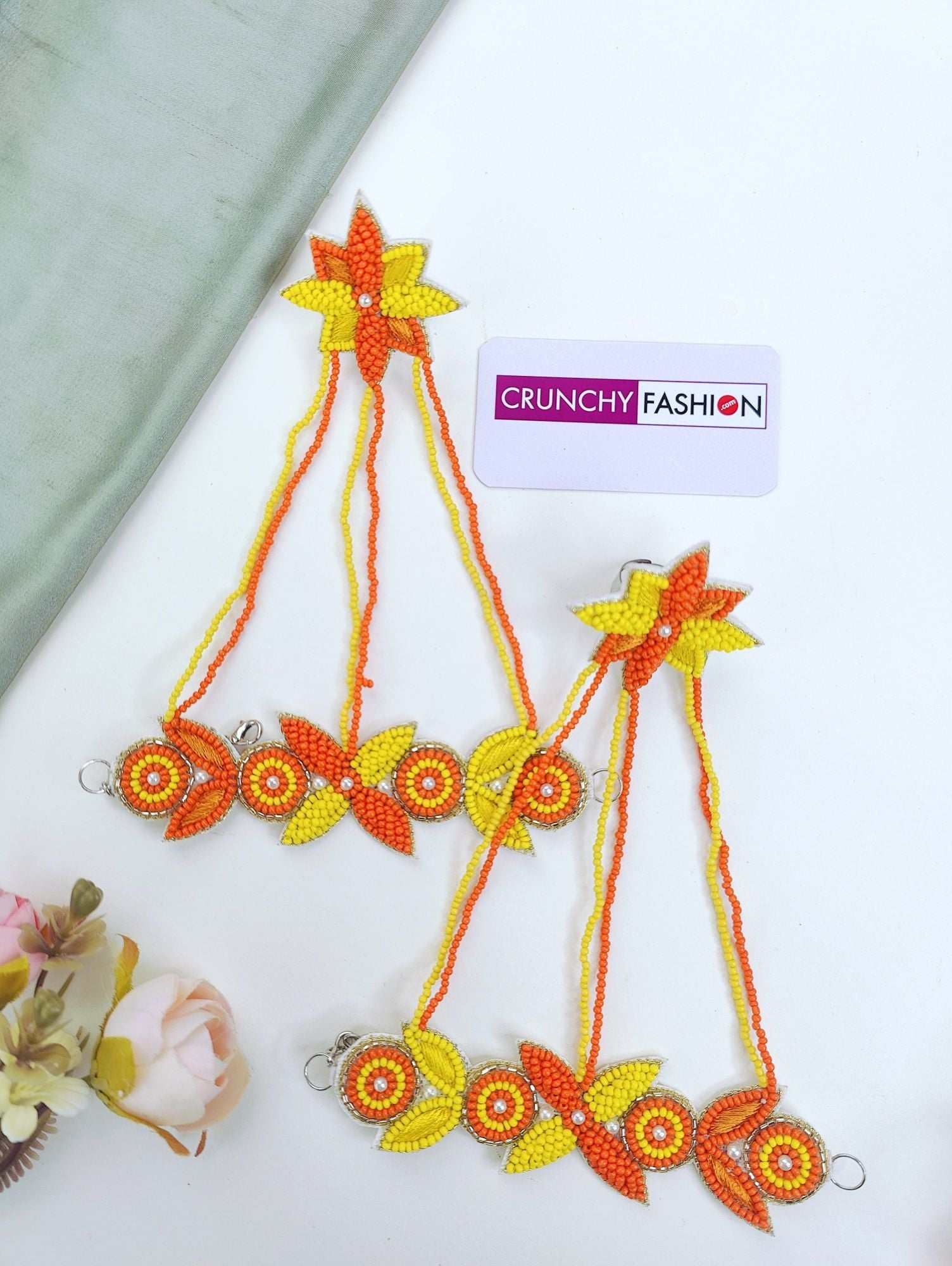 Ethnic Bloom: Handmade Multicolor Pearl Bridal Haldi-Mehndi Set