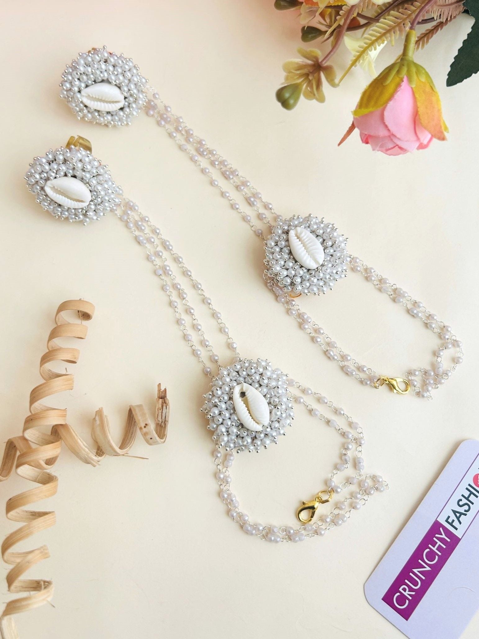 Silver Hue Handmade Pearl & Shell Floral Jewellery Set for Haldi-Mehndi