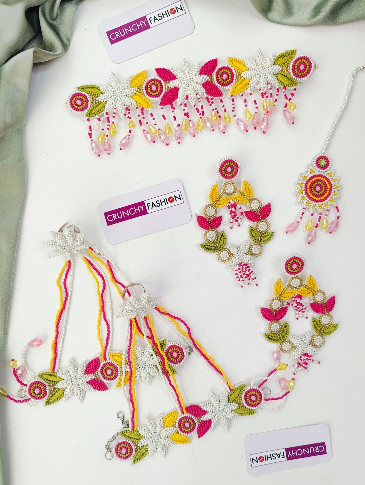 Handmade Lavender Purple Floral Haldi Jewellery Set with Crystal Drops