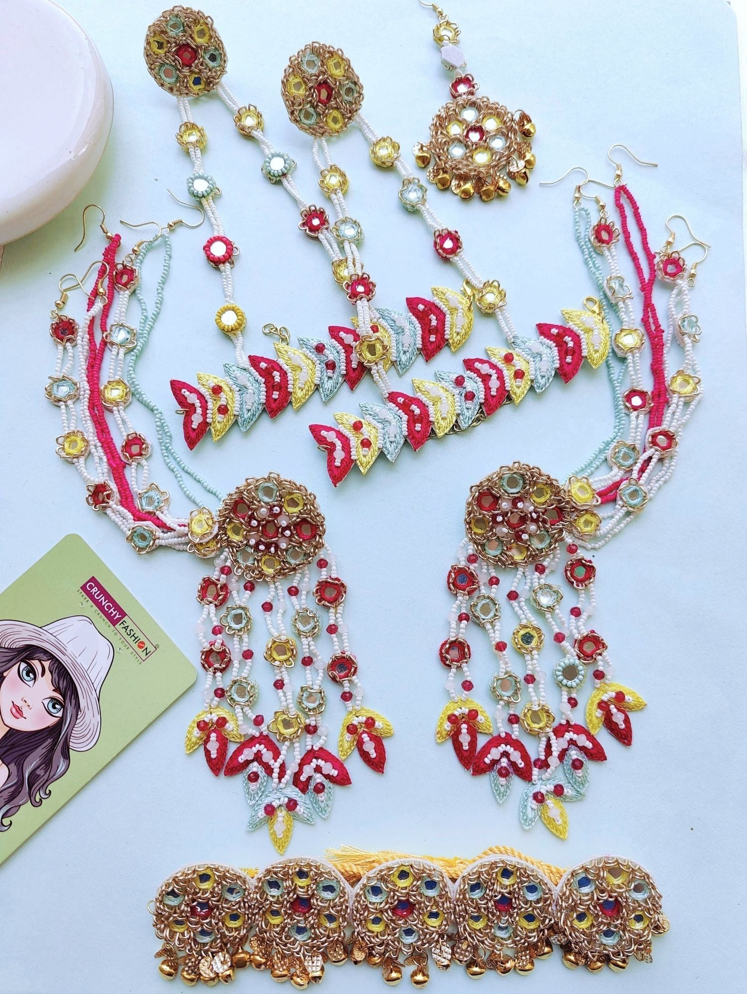 Handcrafted Bridal Set: Pink & Yellow Floral Pearls for Haldi & Mehndi