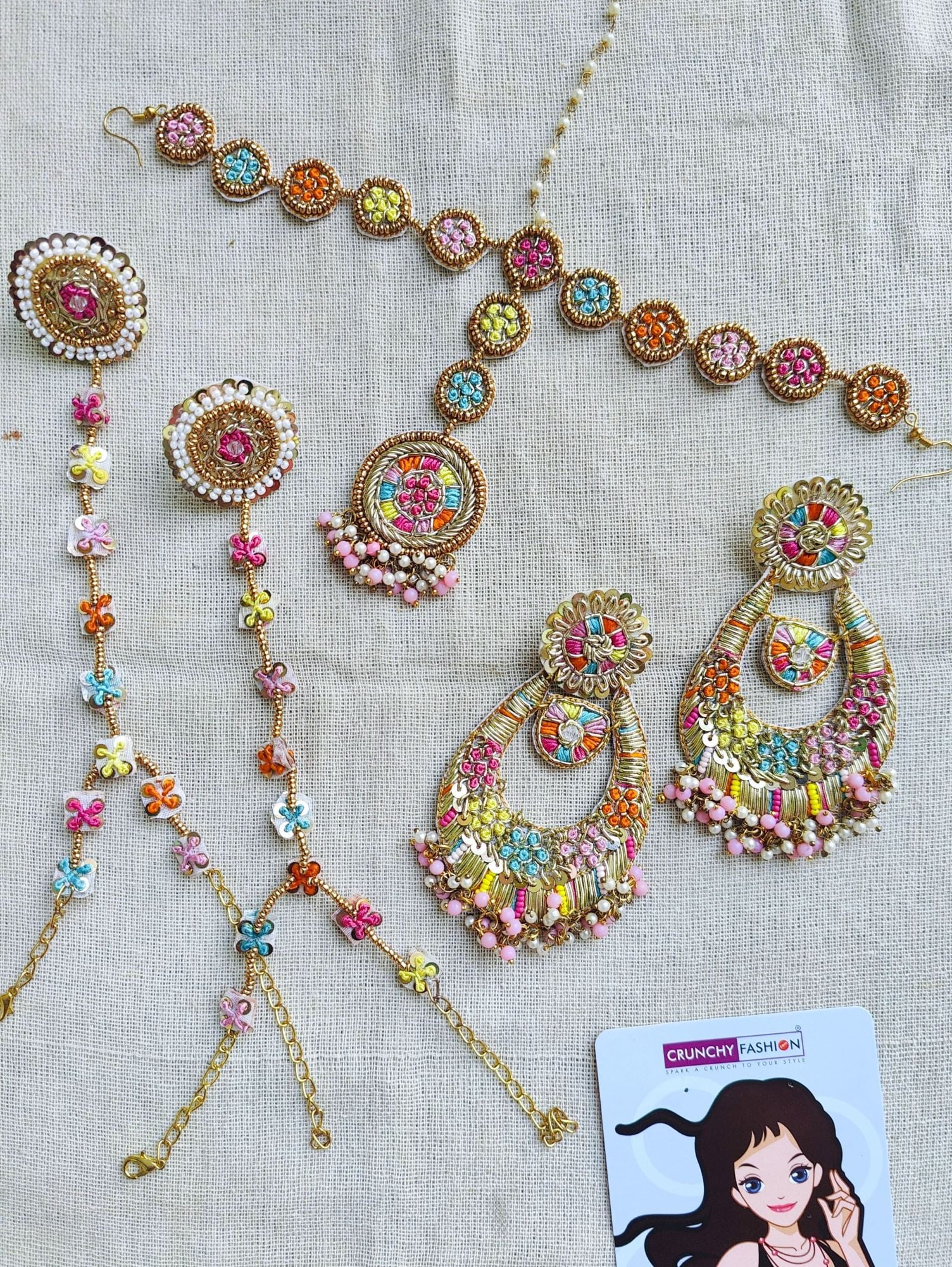 Pink-Yellow-Sky Blue Handmade carnival Jewellery Set for Haldi-Mehndi