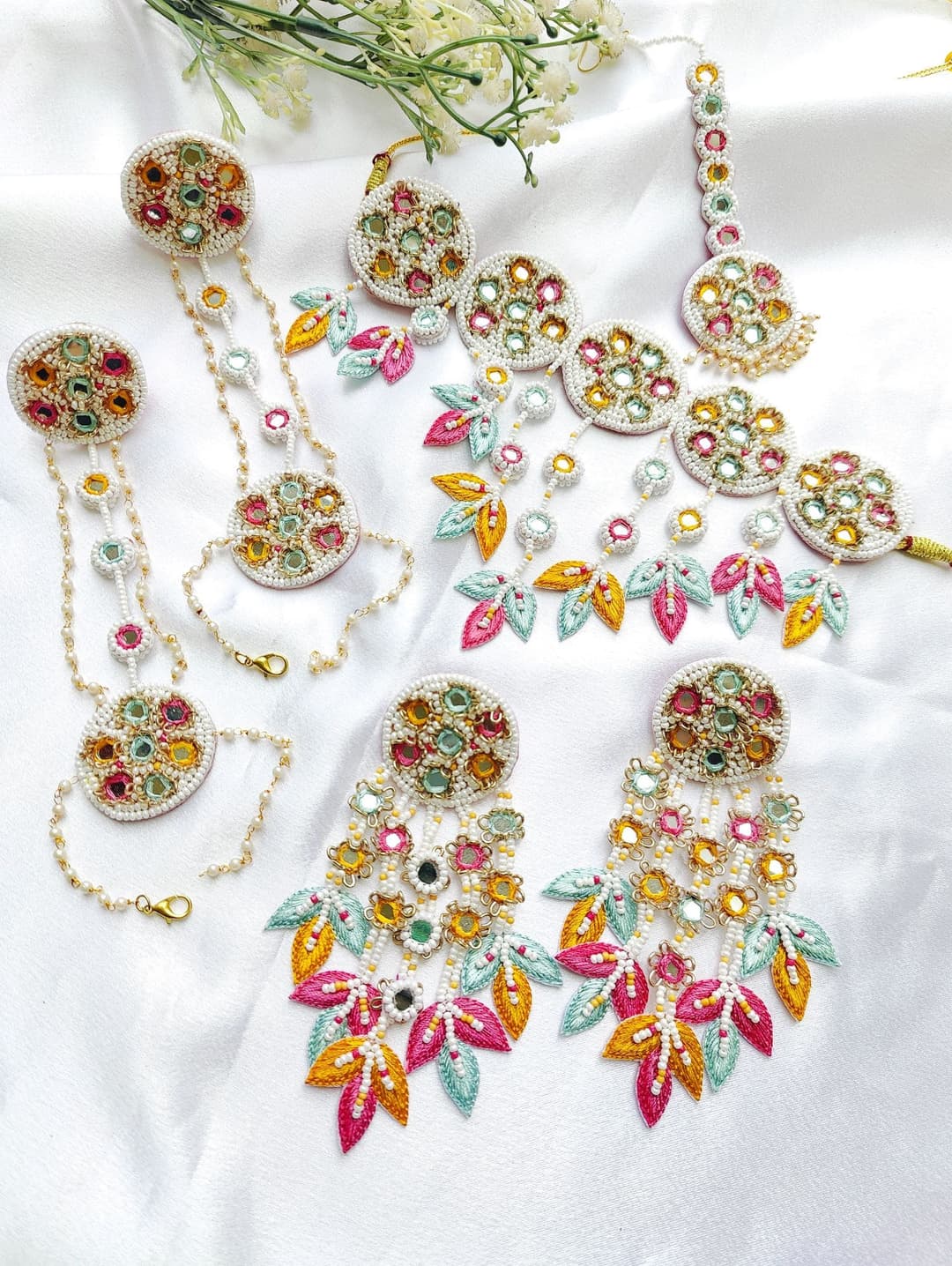 Handcrafted Yellow & Blue Haldi Floral Beaded Jewelry Set for Brides