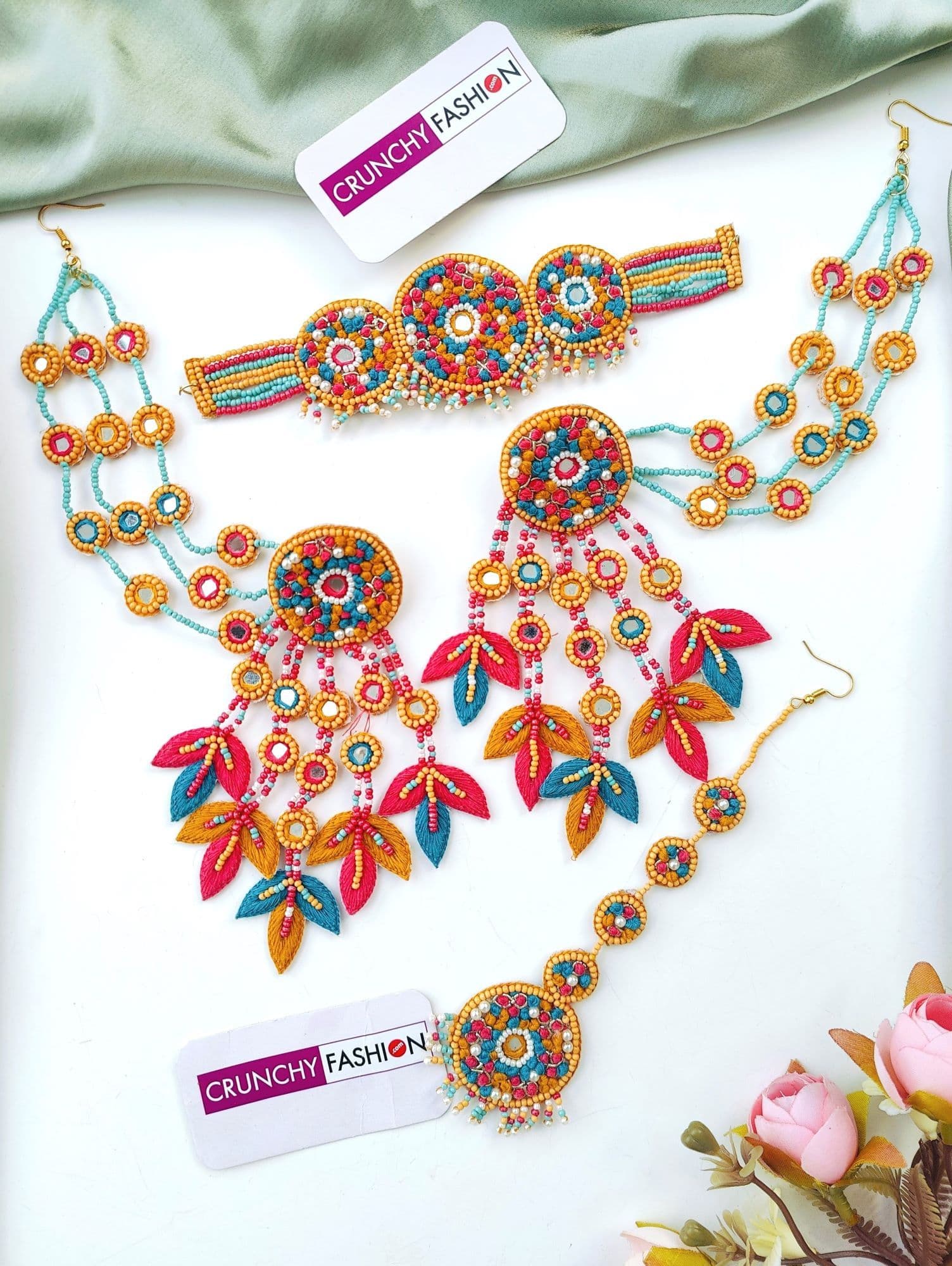Yellow, Sky Blue & Pink Handmade Beaded Jewelry for Haldi Mehndi