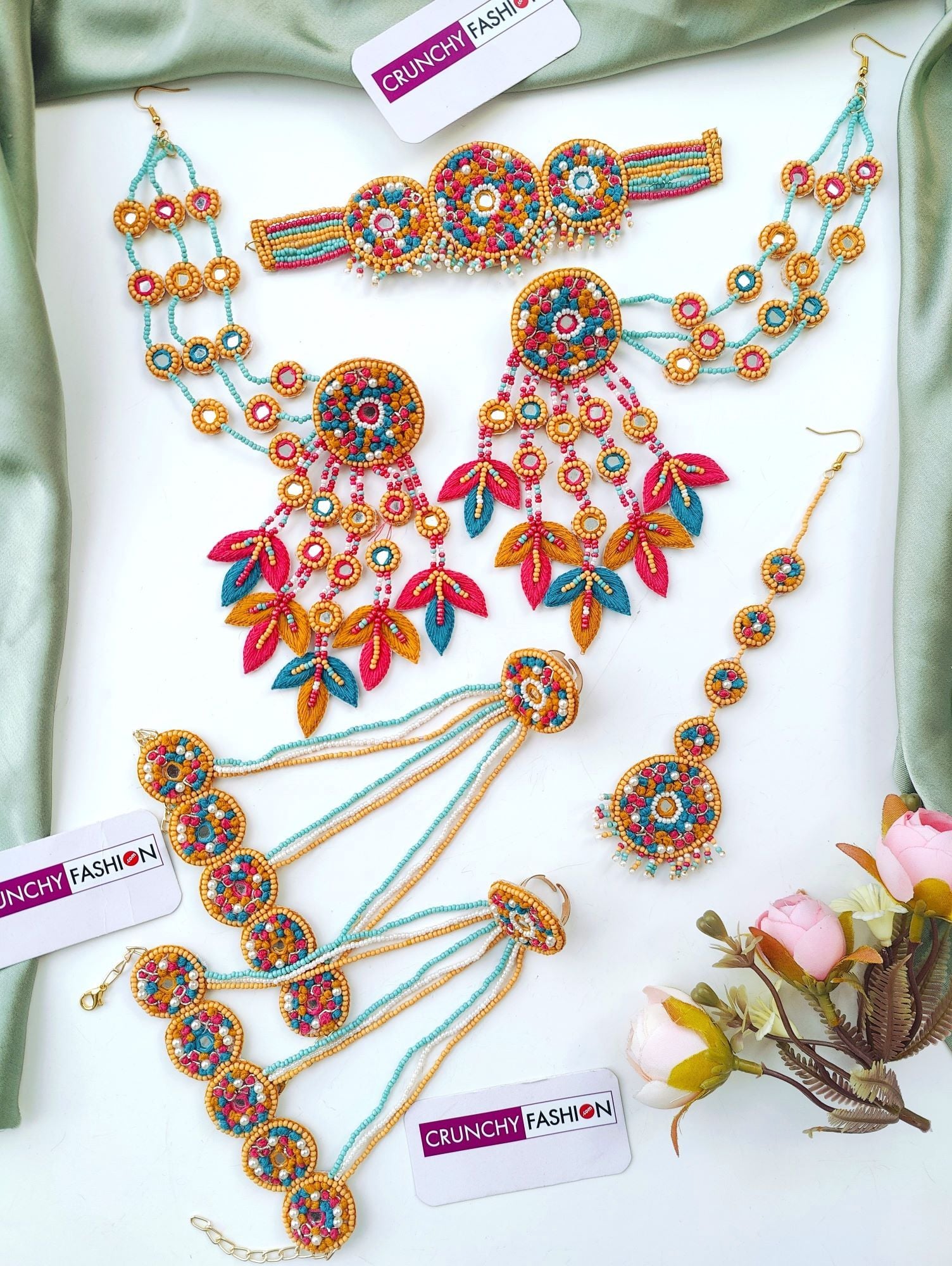 Yellow, Sky Blue & Pink Handmade Beaded Jewelry for Haldi Mehndi