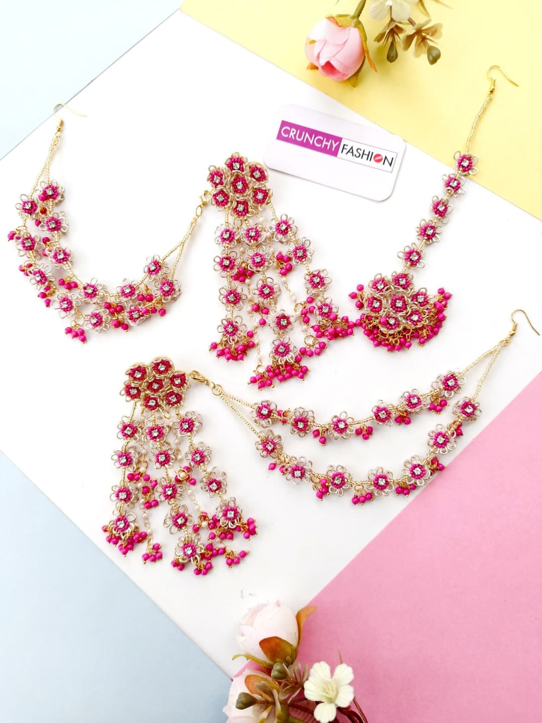 Hot Pink Floral Carnival Jewellery Set: Haldi-Mehndi Accessory