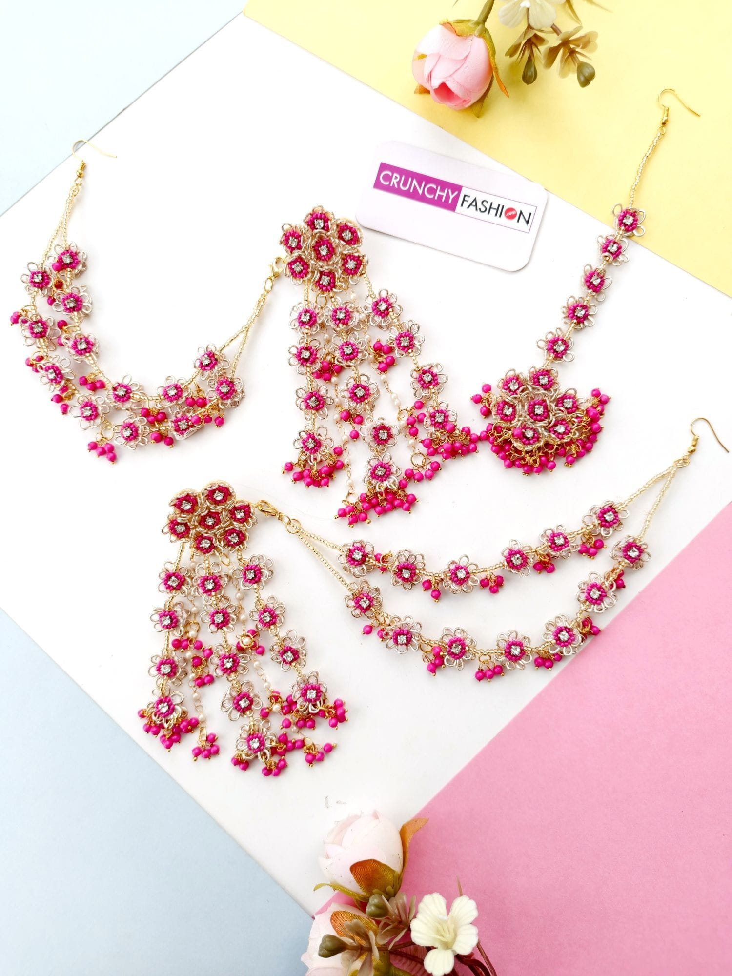 Hot Pink Floral Carnival Jewellery Set: Haldi-Mehndi Accessory