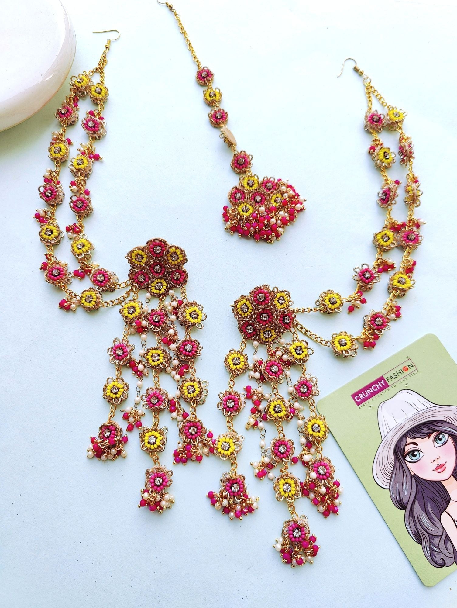 Pink & Yellow Floral Beaded Jewelry for Bridal & Carnival