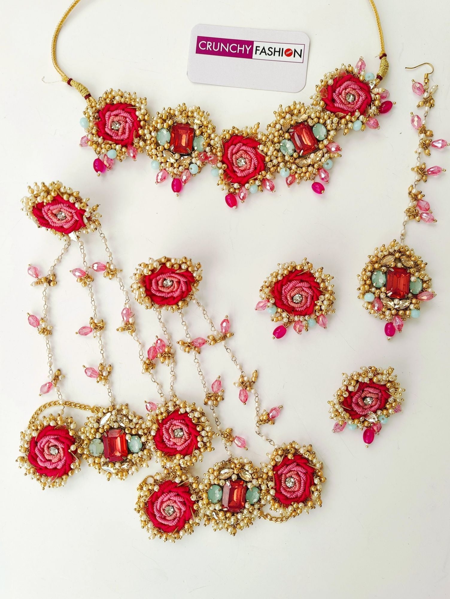 Floral Fiesta: Pink Rose Handmade Designer Haldi Jewellery for Brides