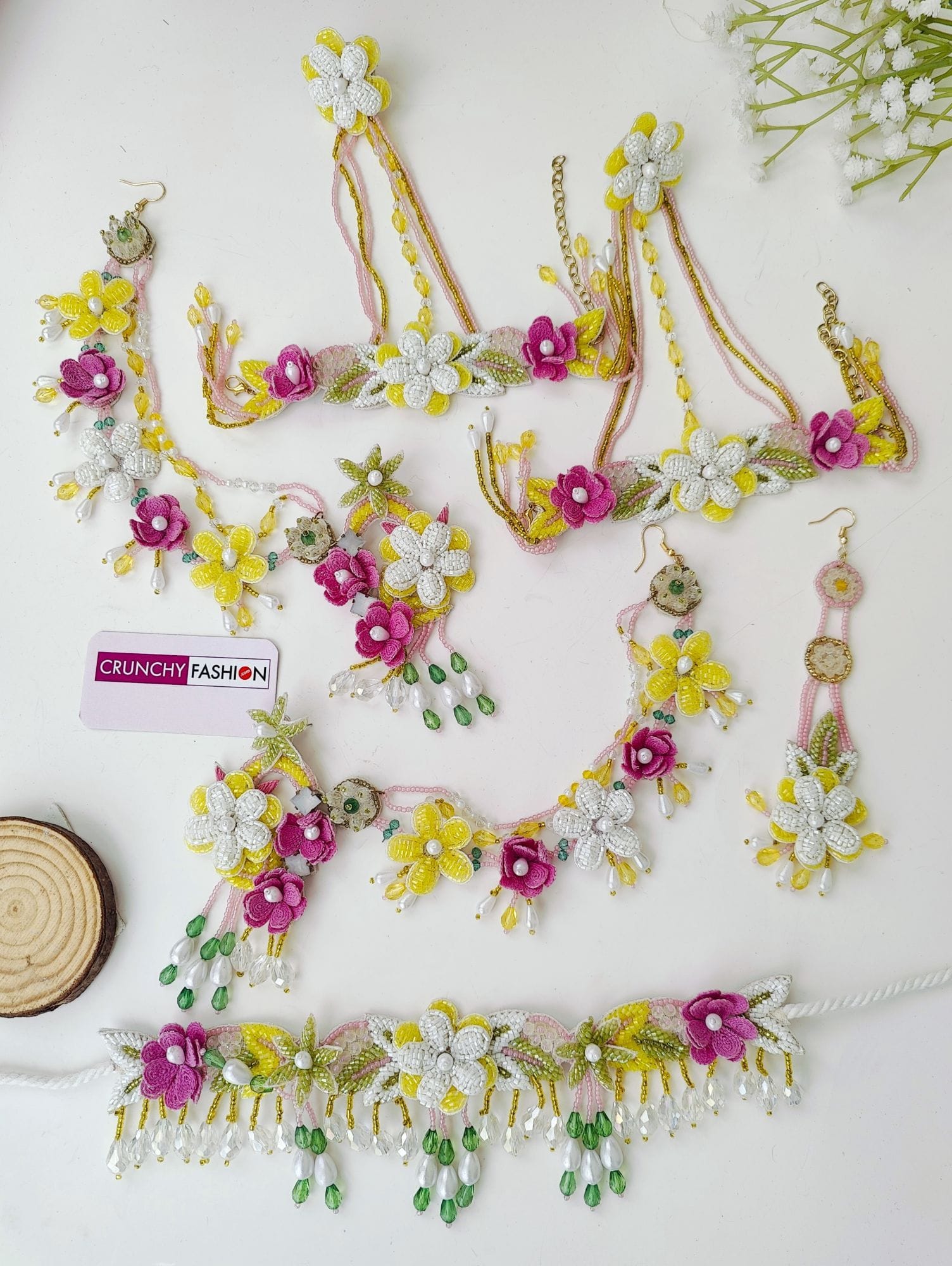 Blooming Pastel - 3D Floral Handmade Haldi Mehndi Bridal Jewelry Set