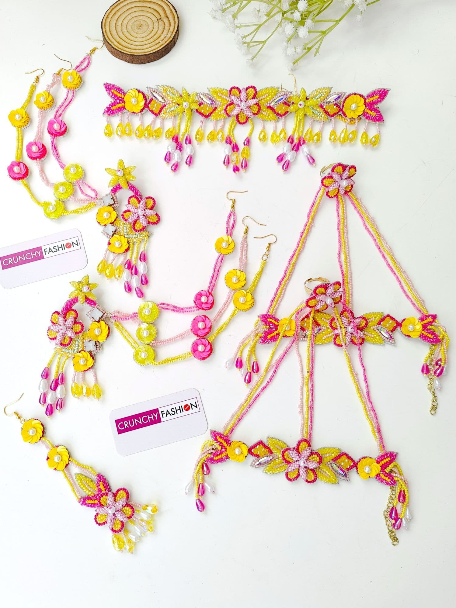 Pink Blossom Beaded Haldi Mehndi 3D Floral Jewelry Set