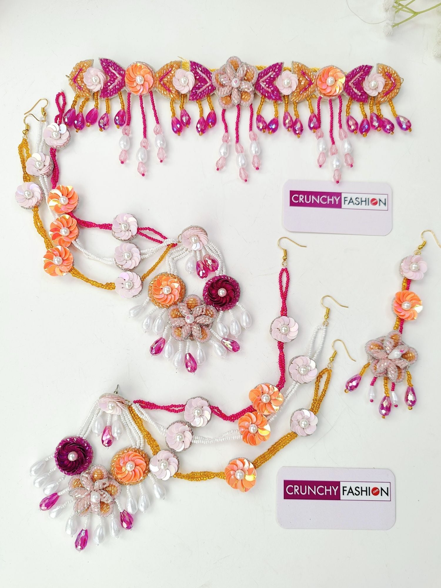 Blossoming Haldi-Mehndi Spring Bridal Beaded Jewel Set in Peach-Pink